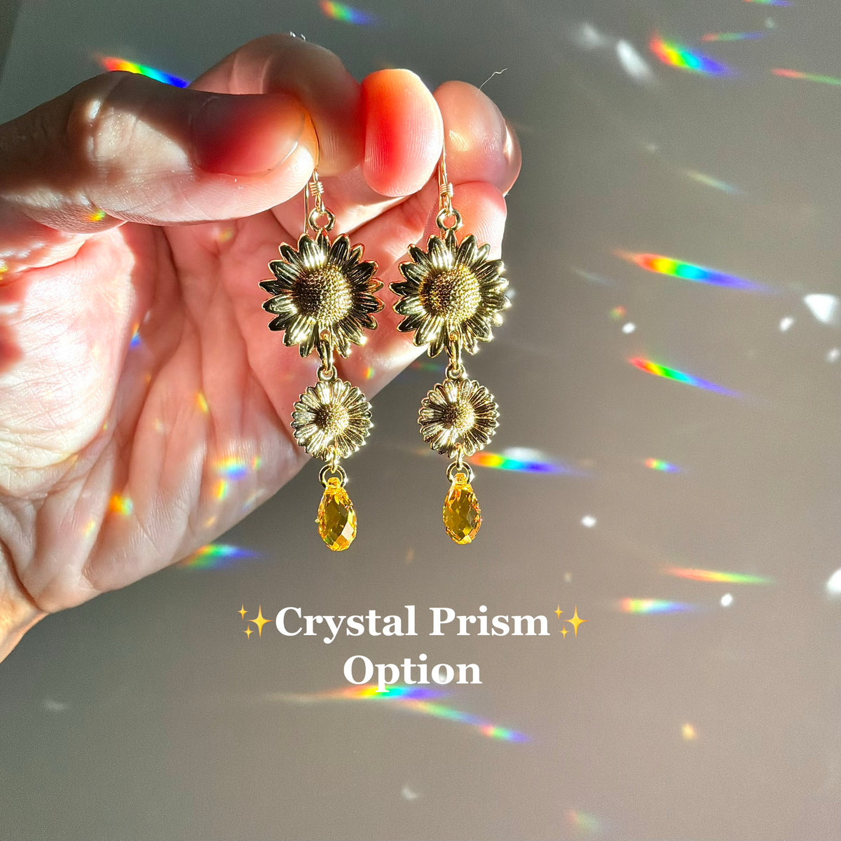 Sunflowers & Citrine 18k Gold-plated Gemstone Earrings or Crystal prisms