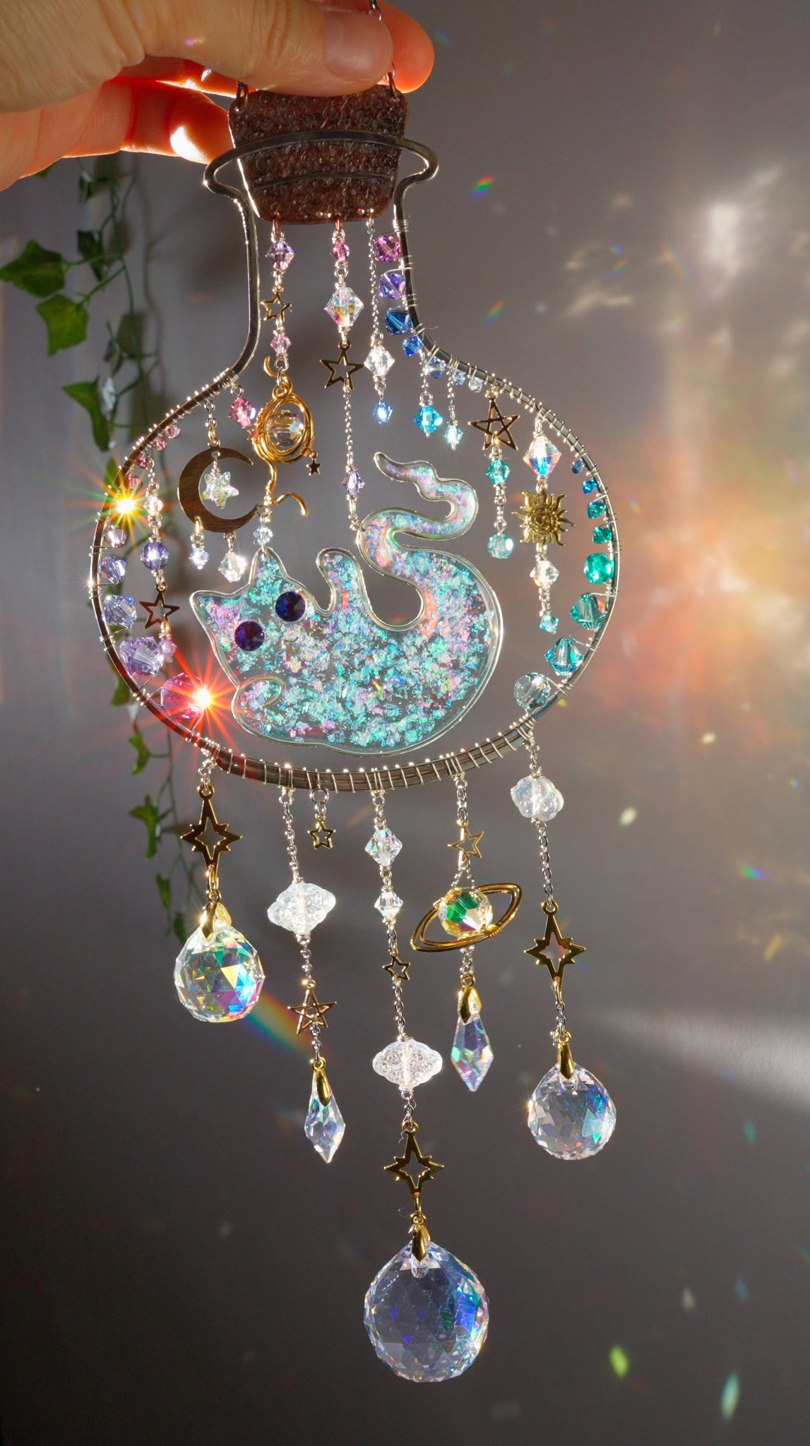 Cosmic Kitty Ghost Jar ~ Copper, German silver, 18k Gold-plated brass and Crystal celestial witchy Halloween Suncatcher