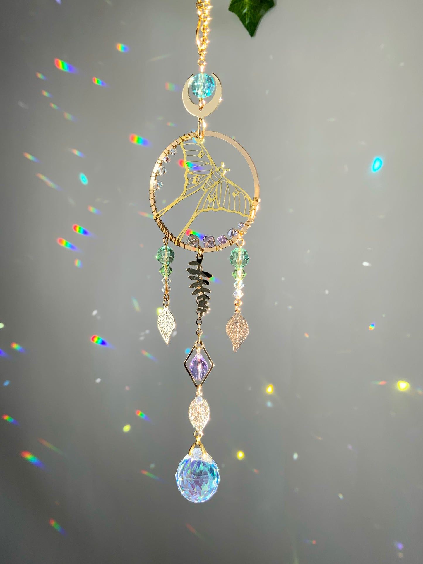 "Flight of the Luna Moth" Car Charm, 18k Gold-Plated Witchy Crystal Celestial Moon Prism suncatcher, rearview mirror hanger