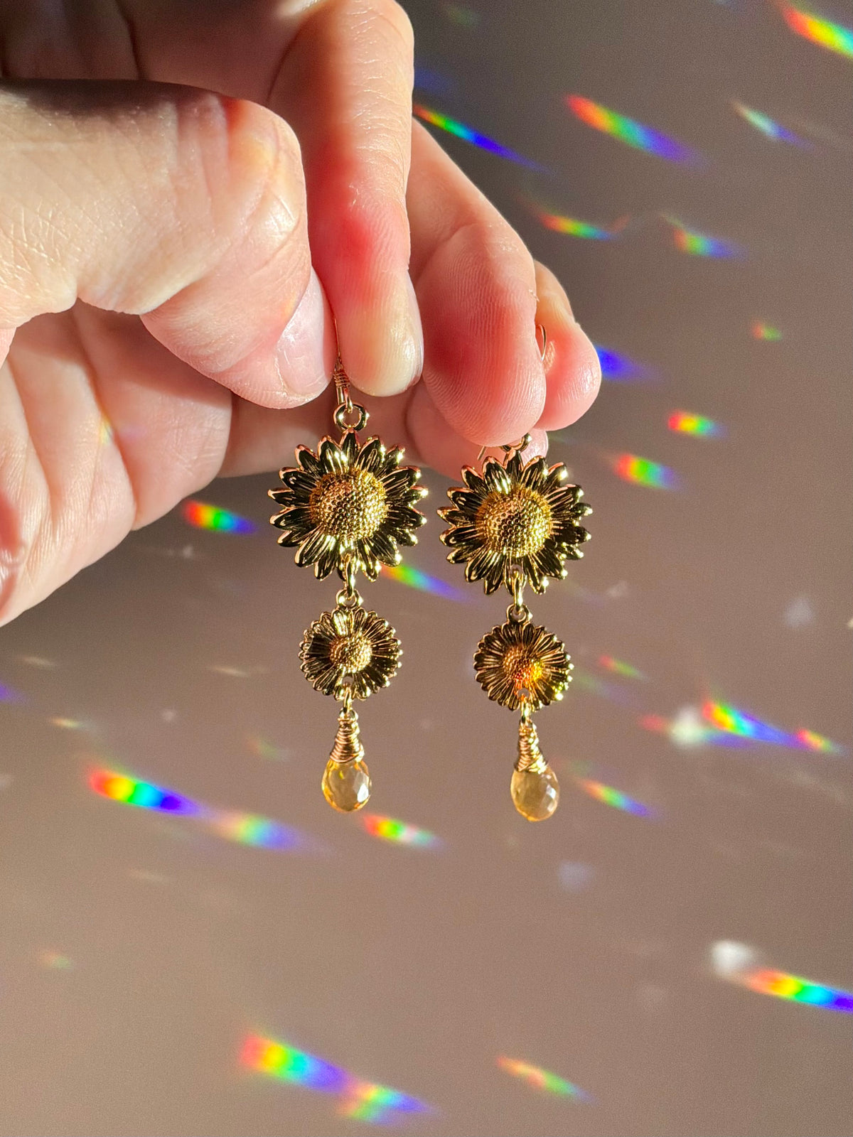 Sunflowers & Citrine 18k Gold-plated Gemstone Earrings or Crystal prisms