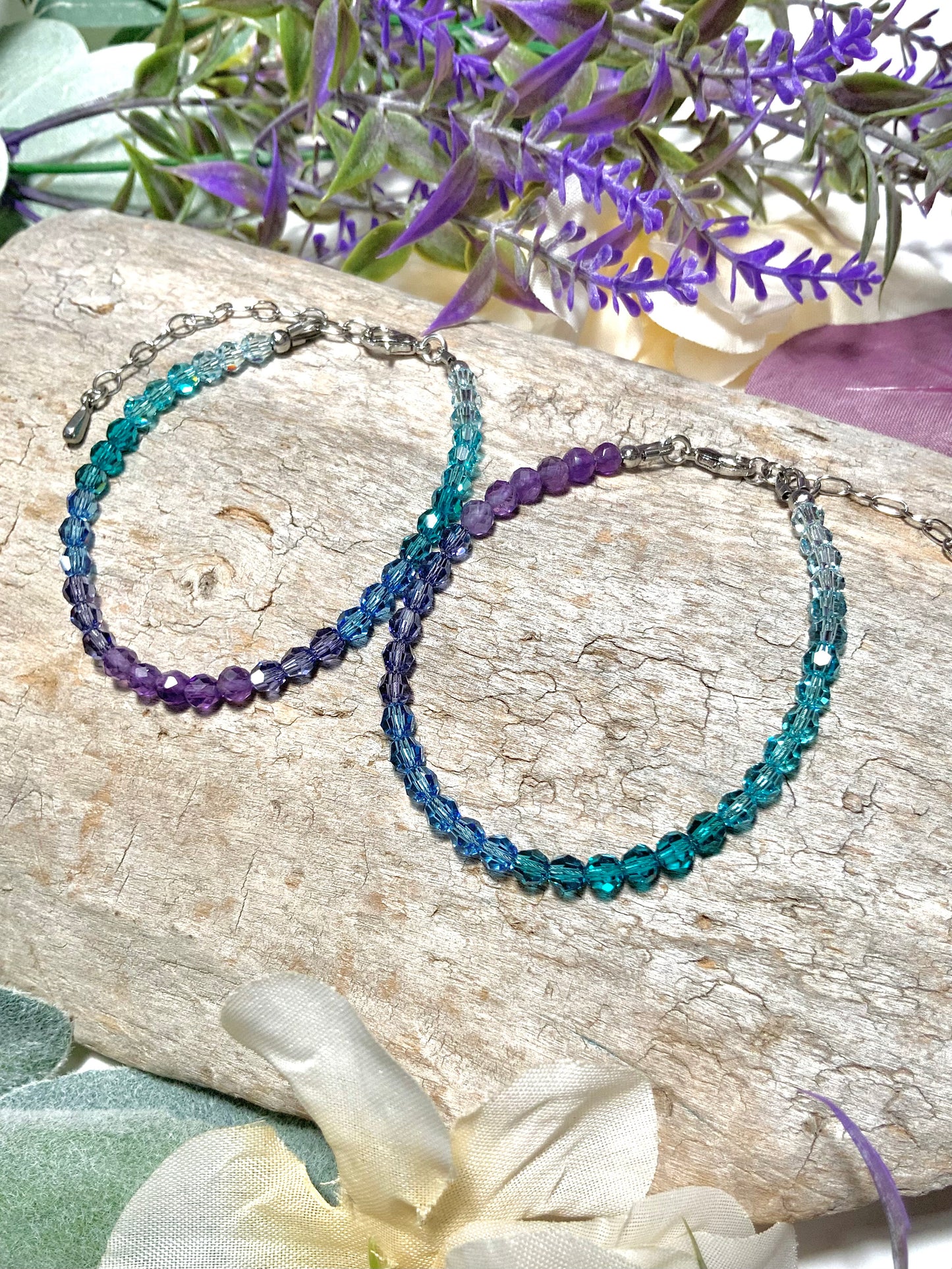 Matching Amethyst Lagoon Ombré Crystal and Gemstone Bracelet, Adjustable Length