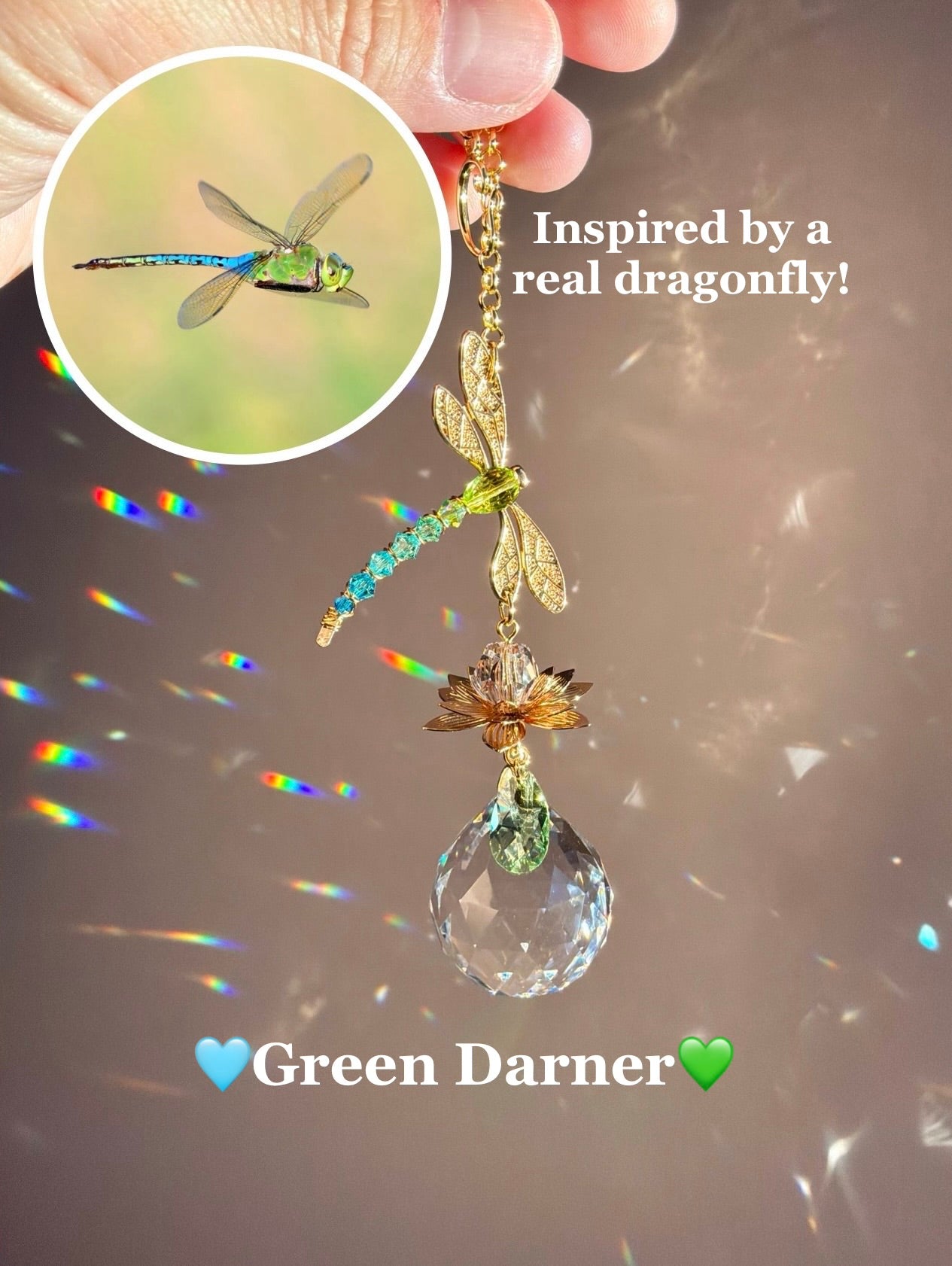 Jeweled Dragonfly Series~ 18k Gold-Plated Car Charm Suncatcher, Ombre Color Gradient made with Rare Crystals