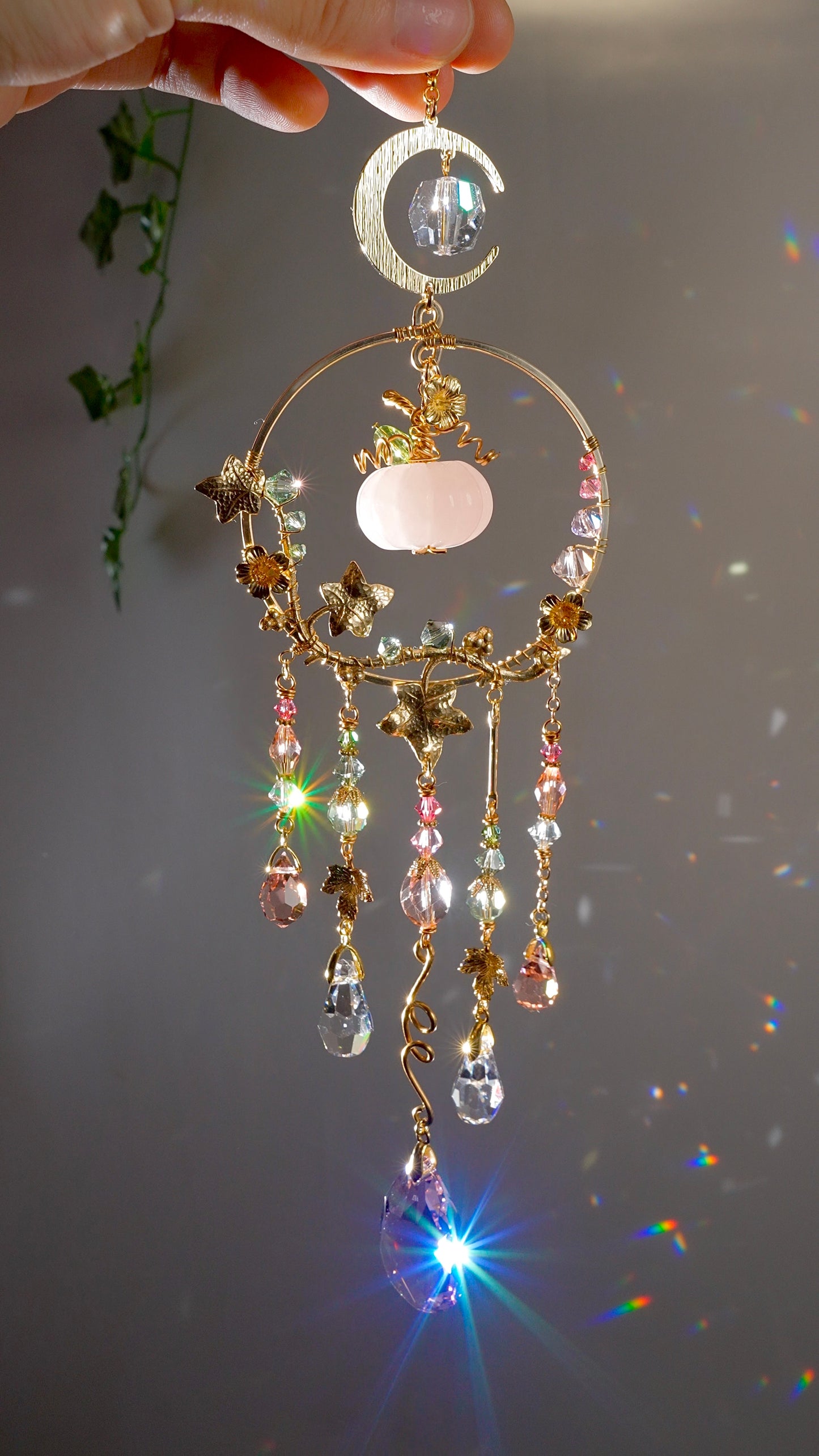 Rose Quartz "Harvest pumpkin" Mini Suncatcher, Gemstone and Gold-plated Brass Crystal celestial witchy Halloween Decor