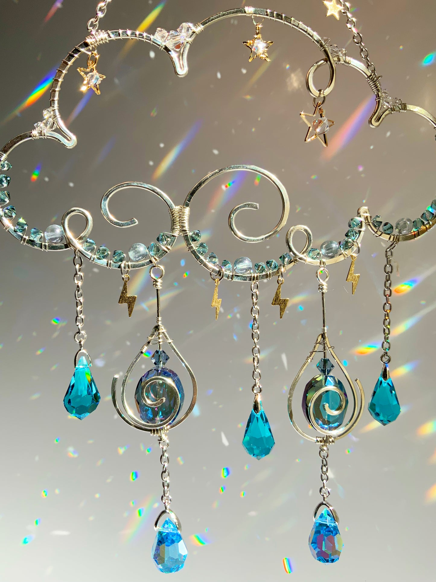 Rain Cloud Suncatcher with Moon, Stars, Lightning, and Crystal Raindrops