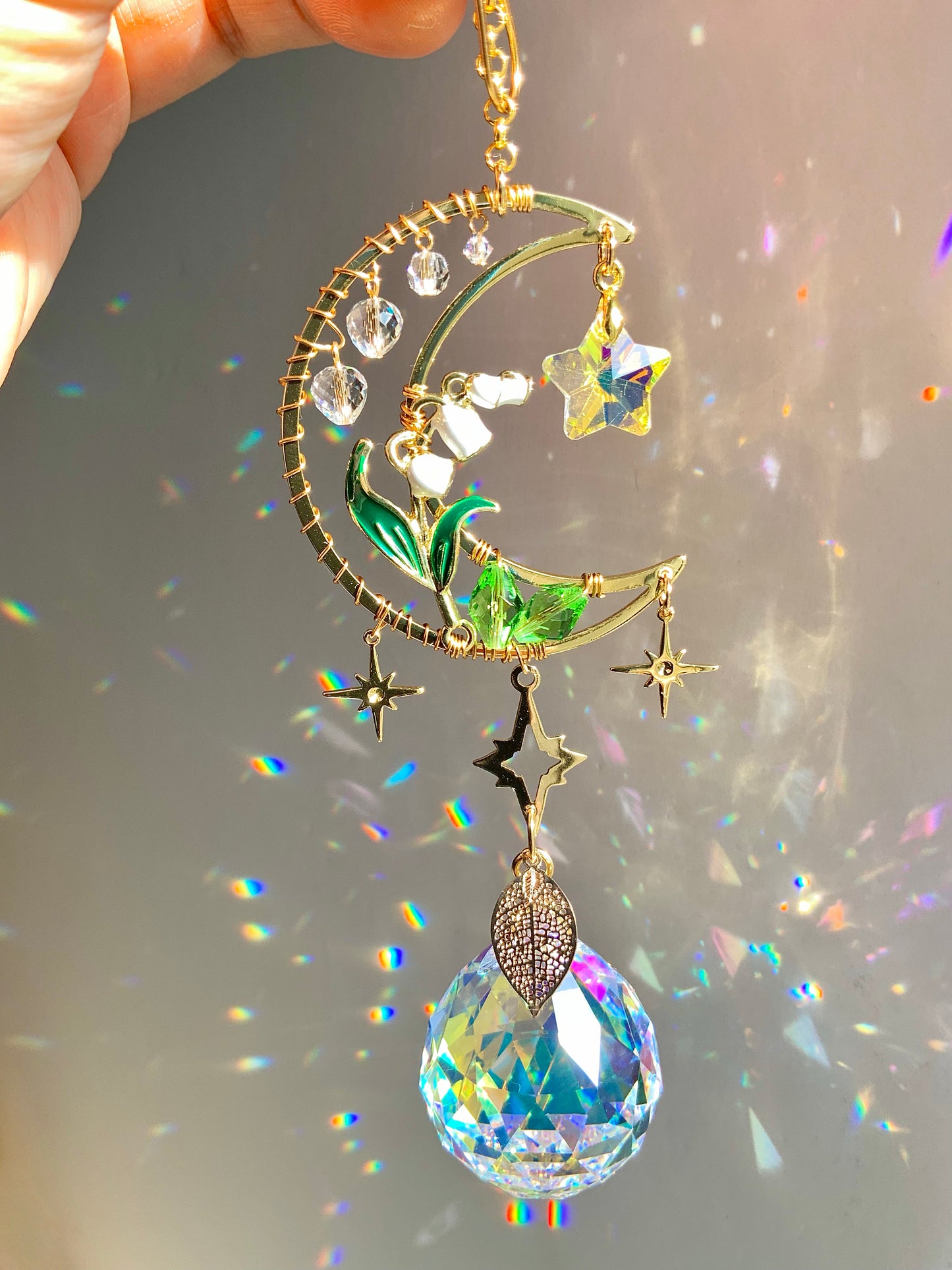 Lily of the Valley Moon Car Charm, 18k Gold-Plated May Birthflower Crystal Celestial Prism suncatcher, rearview mirror hanger