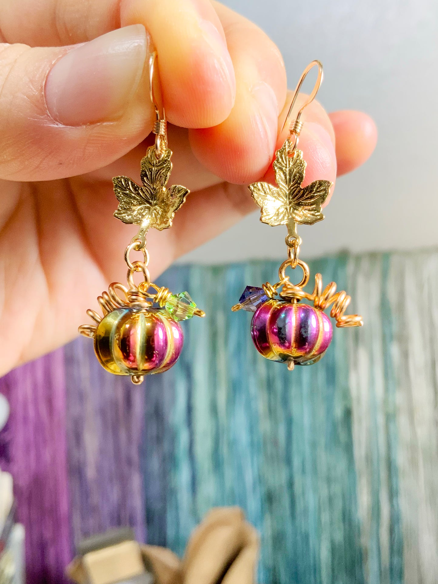 Mystic Dark Rainbow Pumpkin earrings ~ Multi-Color Aura Glass with gold and magenta reflections, 18k Gold-Plated Maple