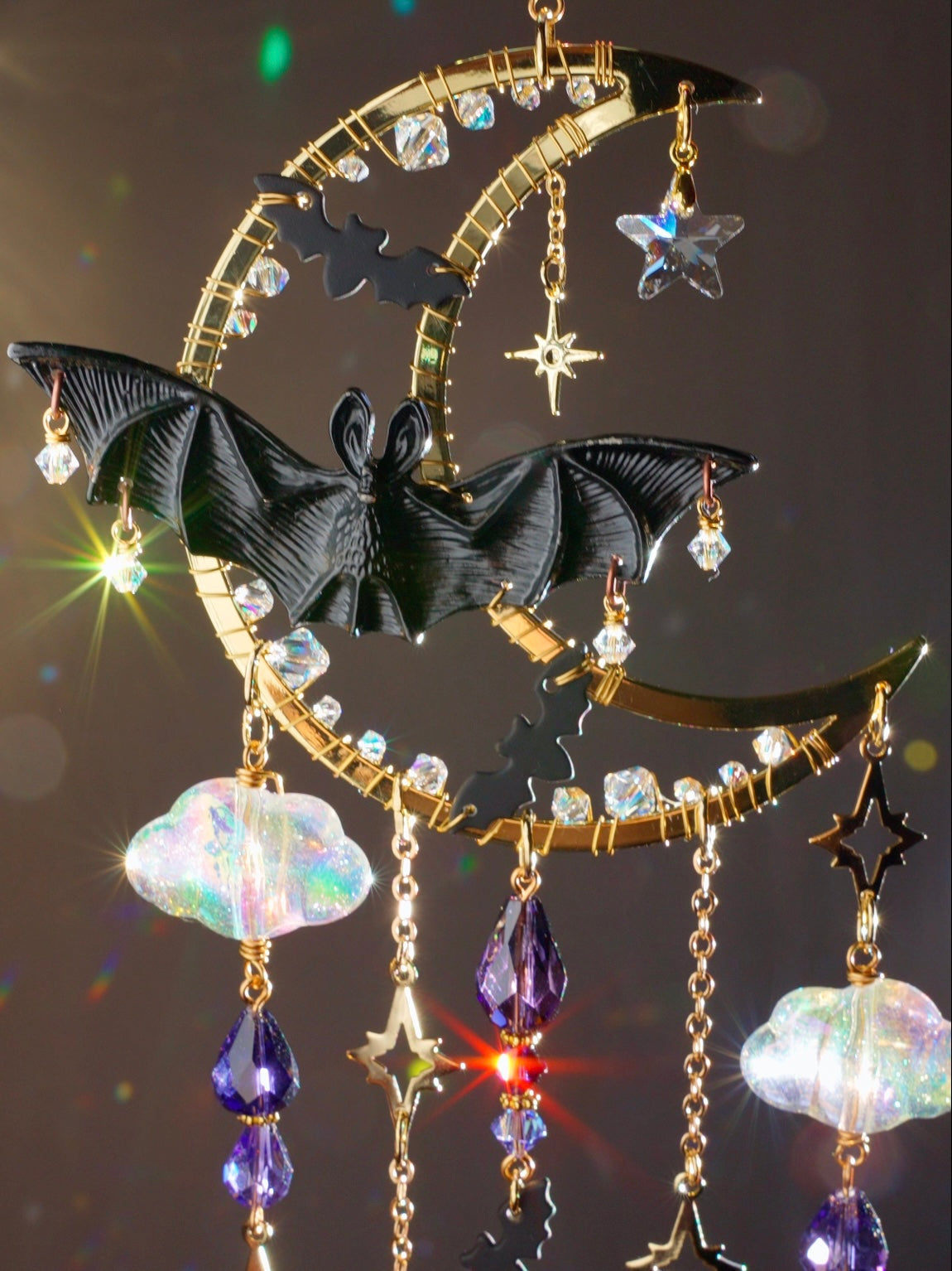 "Flight of All Hallows Eve" Bat Suncatcher, 18k Gold-Plated Celestial Moon Halloween Decor with Crystal Prisms