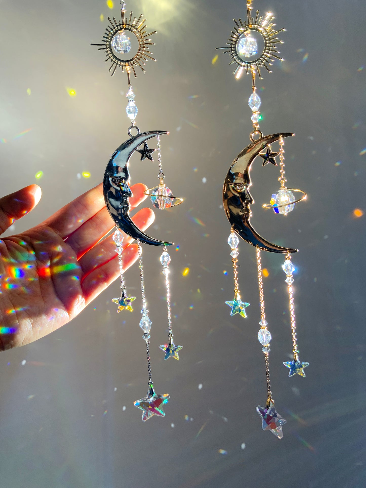 "Falling Stars" ~ Mini Suncatcher, Gold or Silver, Sun Moon Saturn Celestial Crystal Prism ornament