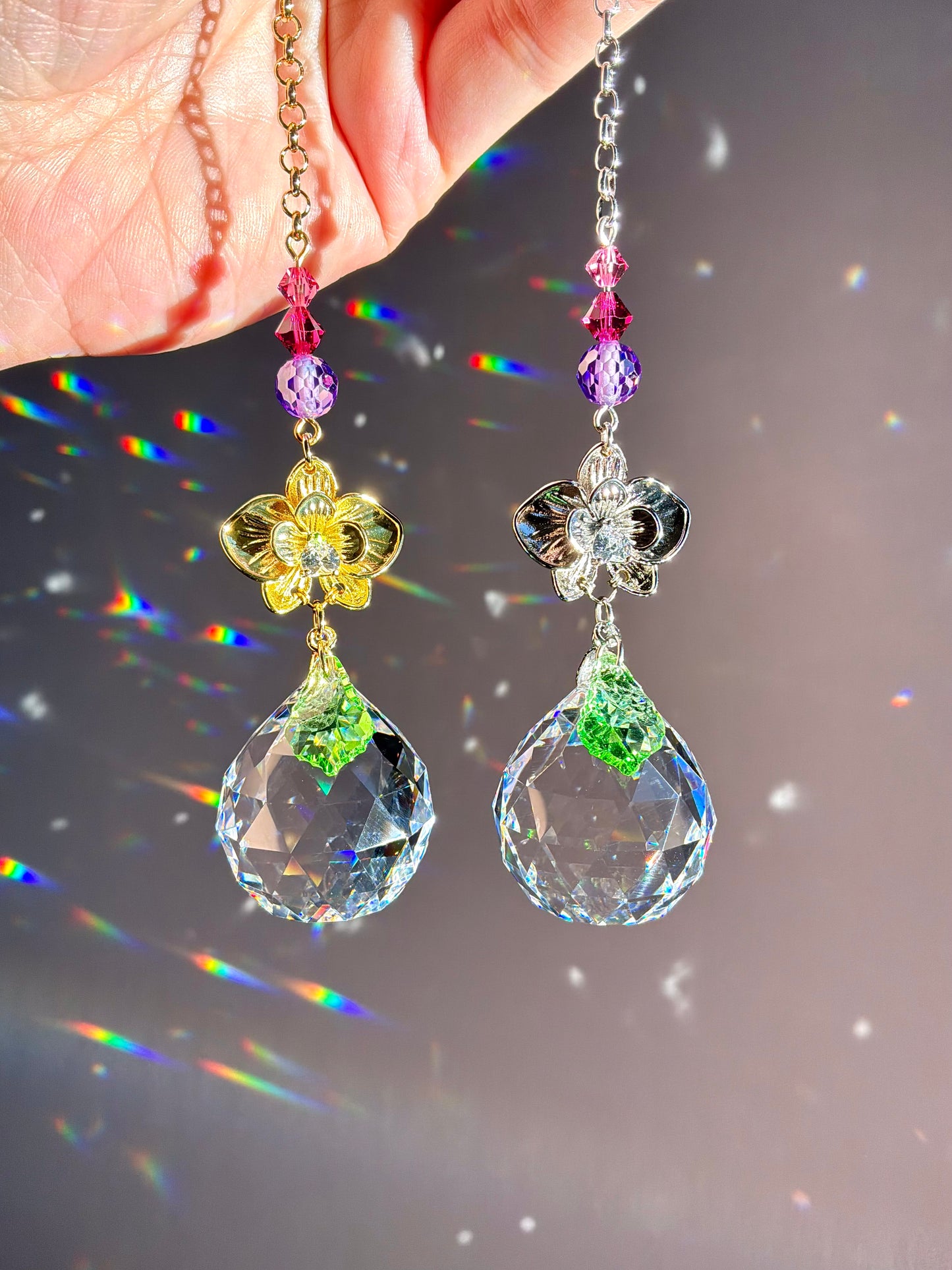 Jeweled Orchid Flower Crystal Car Charm, Floral Prism Suncatcher Purple Pink home decor or accessories