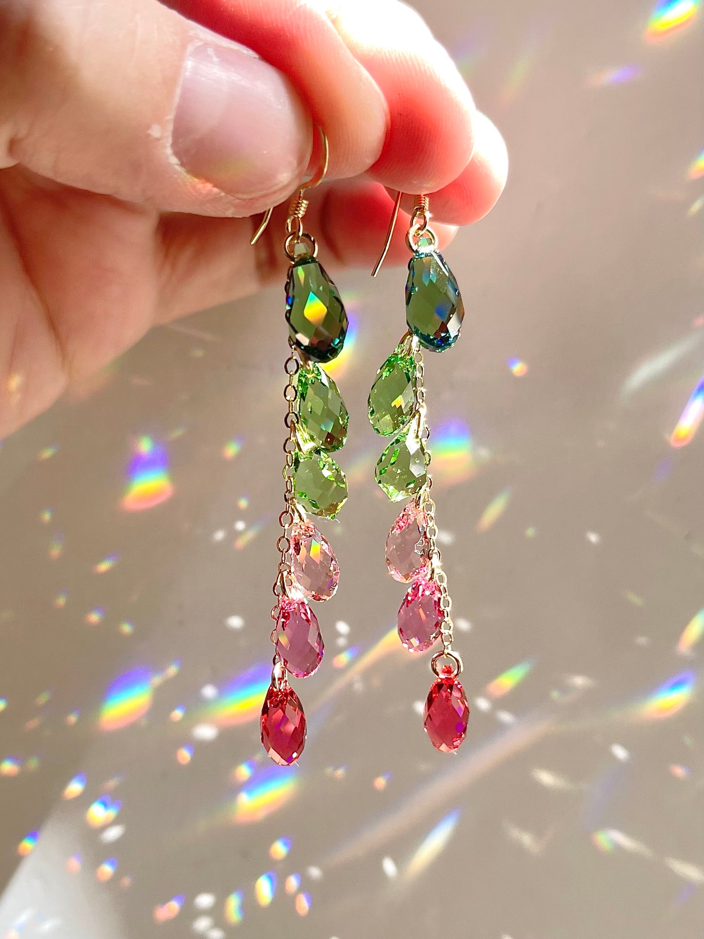"Watermelon Spritzer" ~ *Luxe* Ombré Crystal Waterfall earrings, Sterling Silver or 14k Gold-Filled, pink green