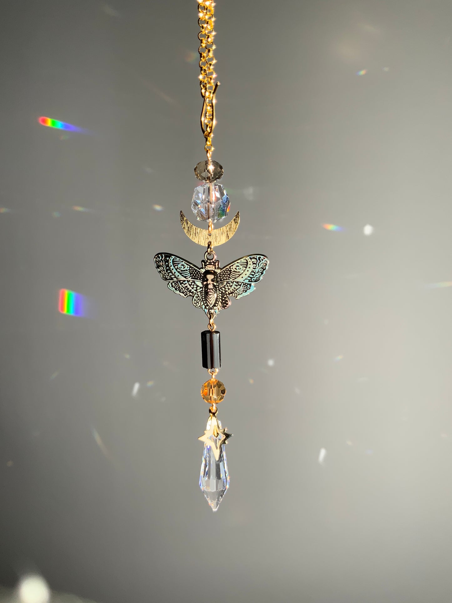 Black Tourmaline Death’s Head Moth Rear View Mirror Car Charm, 18k Gold-Plated Moon Prism suncatcher auto decoration accessories