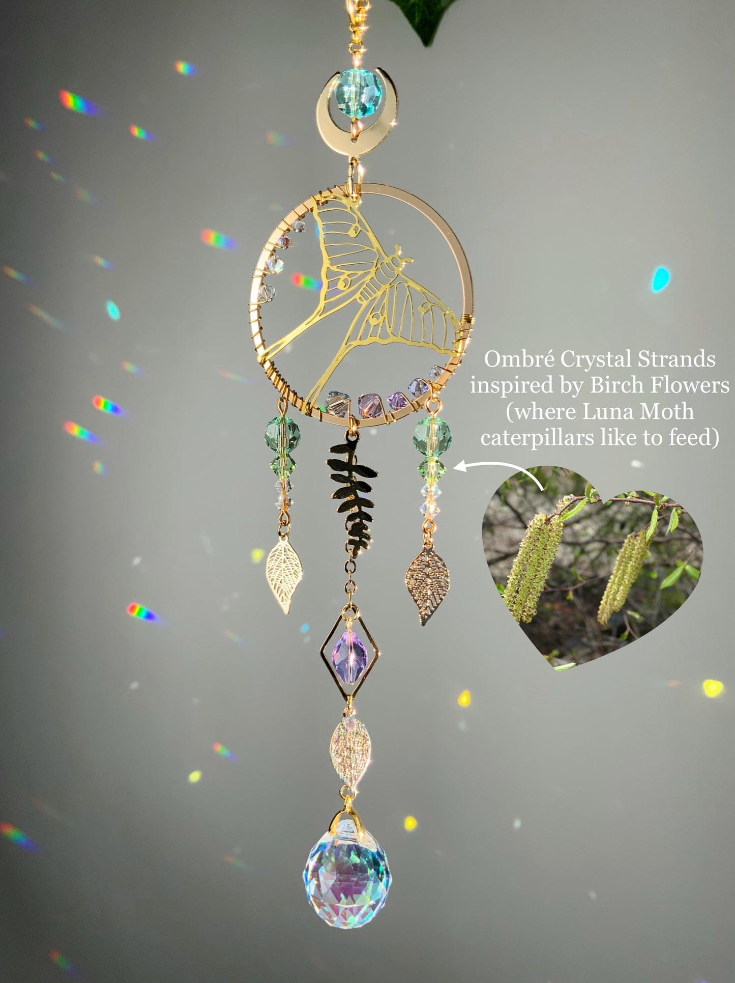 "Flight of the Luna Moth" Car Charm, 18k Gold-Plated Witchy Crystal Celestial Moon Prism suncatcher, rearview mirror hanger