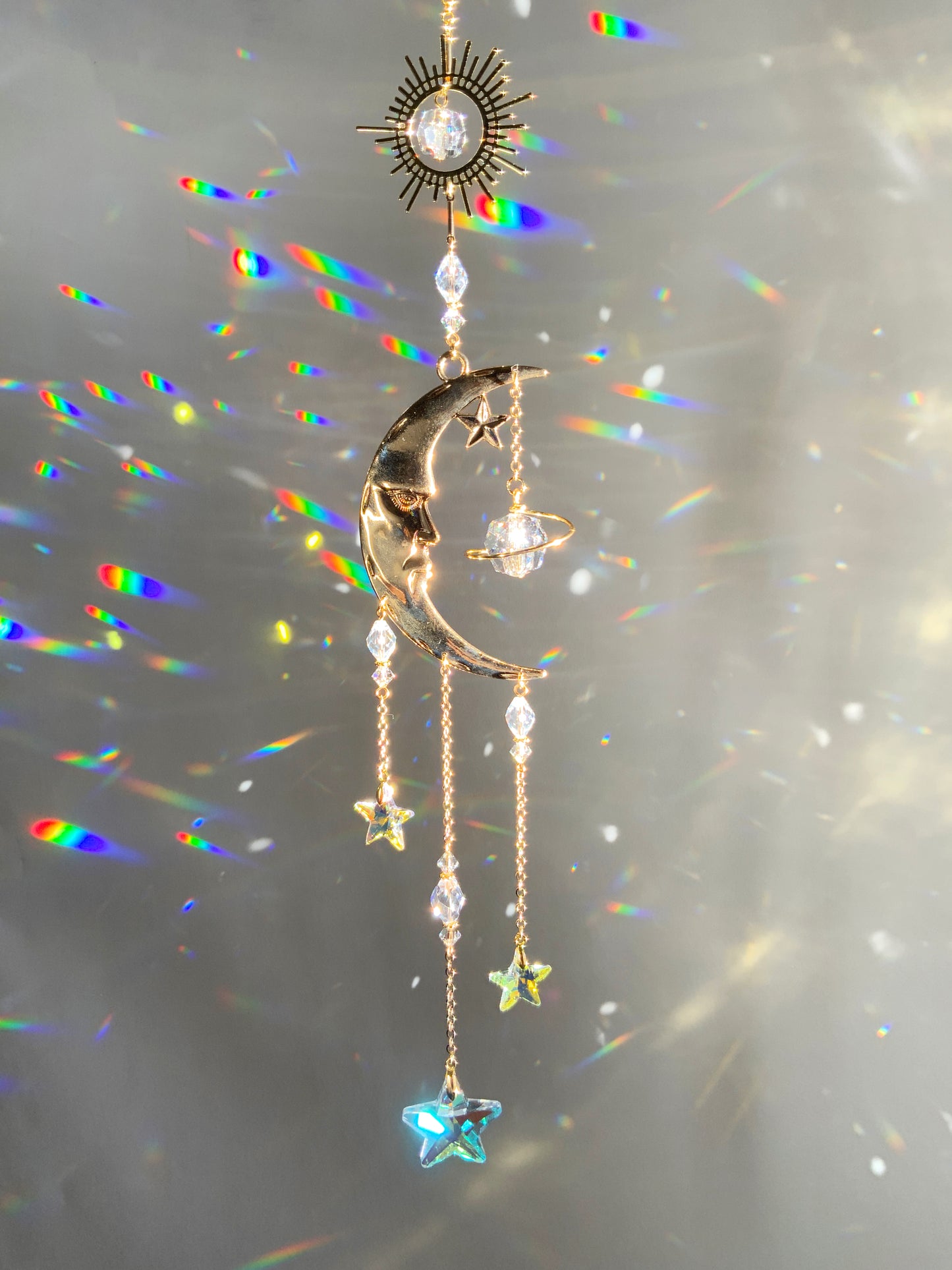 "Falling Stars" ~ Mini Suncatcher, Gold or Silver, Sun Moon Saturn Celestial Crystal Prism ornament