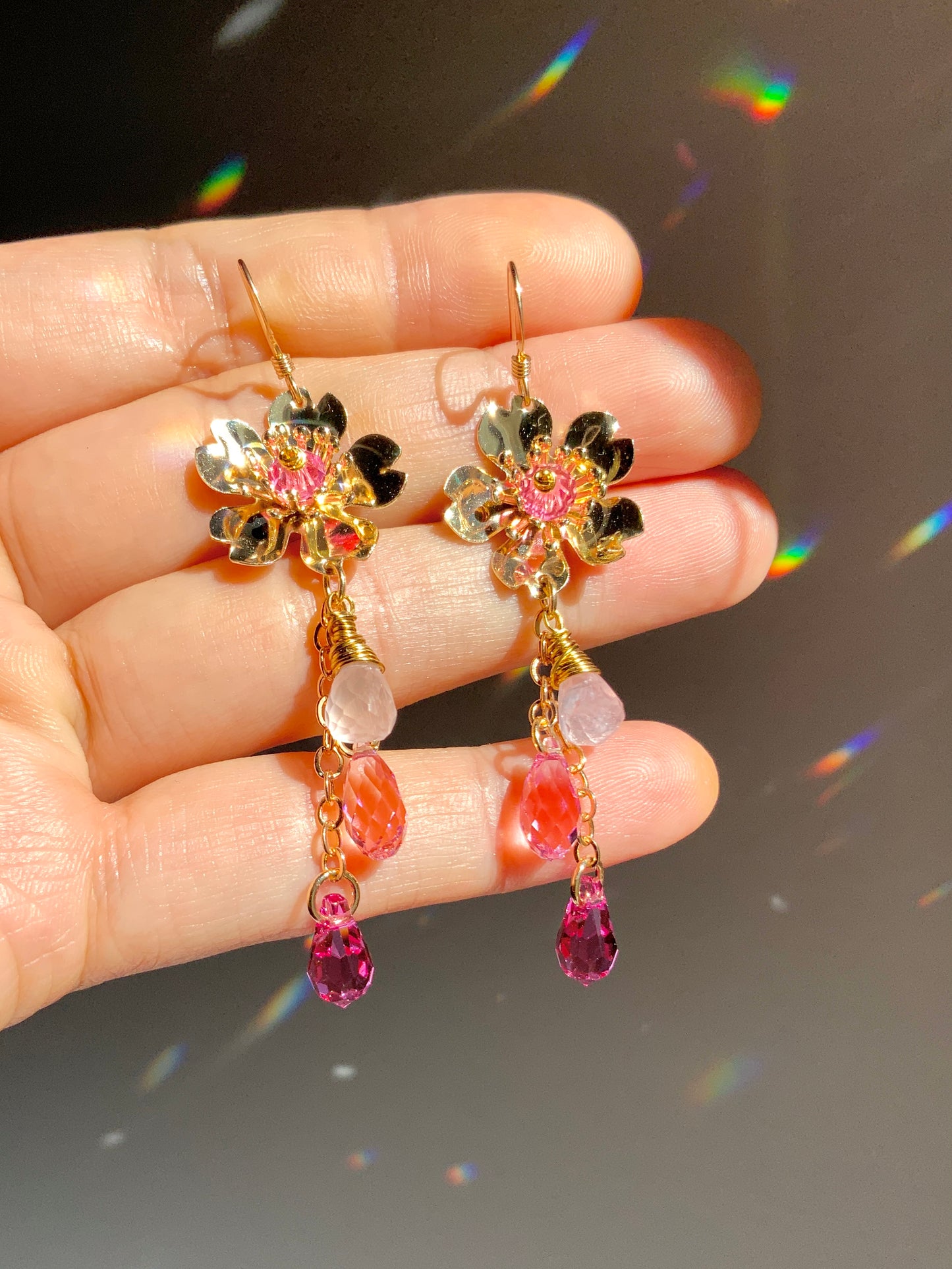 Rose Quartz Cherry Blossom Earrings~ Ombré Pink 18k Gold-Plated Sakura Crystal jewelry