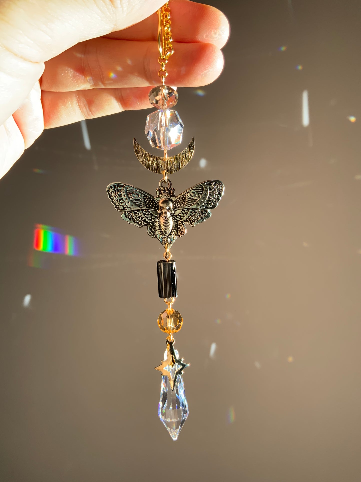 Black Tourmaline Death’s Head Moth Rear View Mirror Car Charm, 18k Gold-Plated Moon Prism suncatcher auto decoration accessories