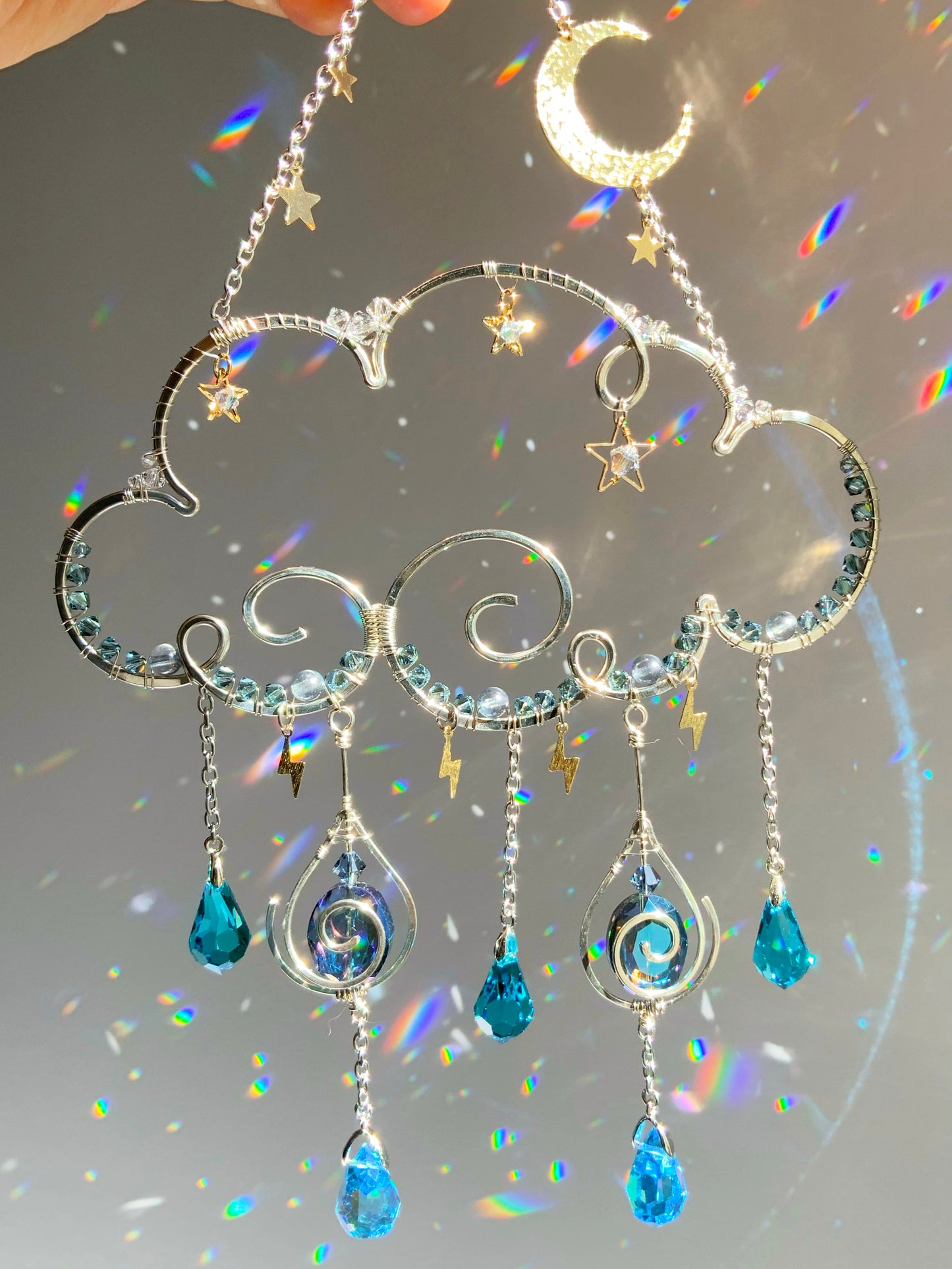 Rain Cloud Suncatcher with Moon, Stars, Lightning, and Crystal Raindrops