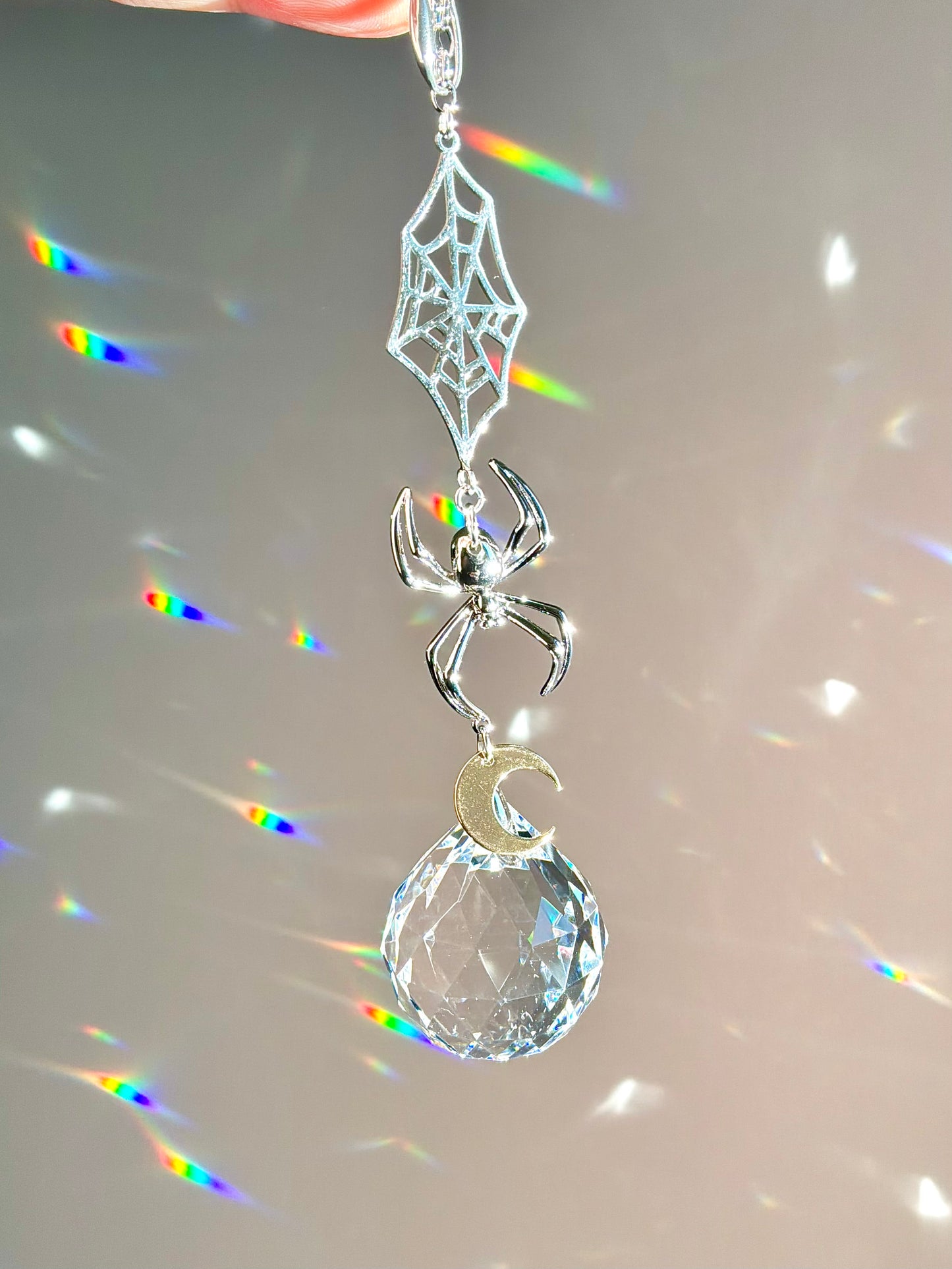 “Moon Weaver” Spider Prism Car Charm, 18k Gold-Plated Halloween Spooky auto decoration Suncatcher