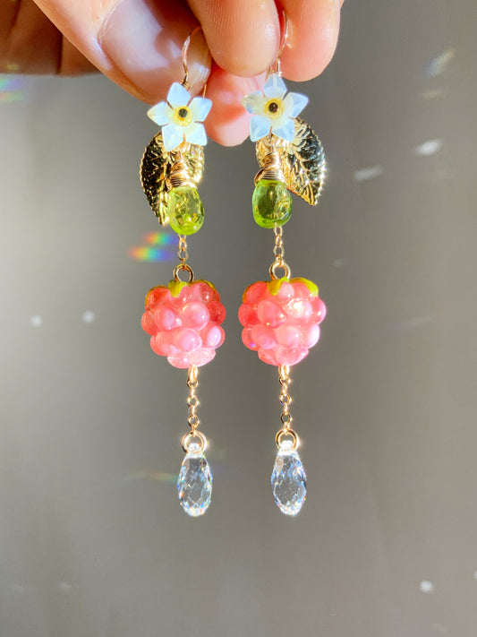 Super Realistic Pink Raspberry Blossom Earrings~ Peridot, Mother of Pearl, Artisan-made Glass, 18k Gold-Plated Crystal Fruit jewelry
