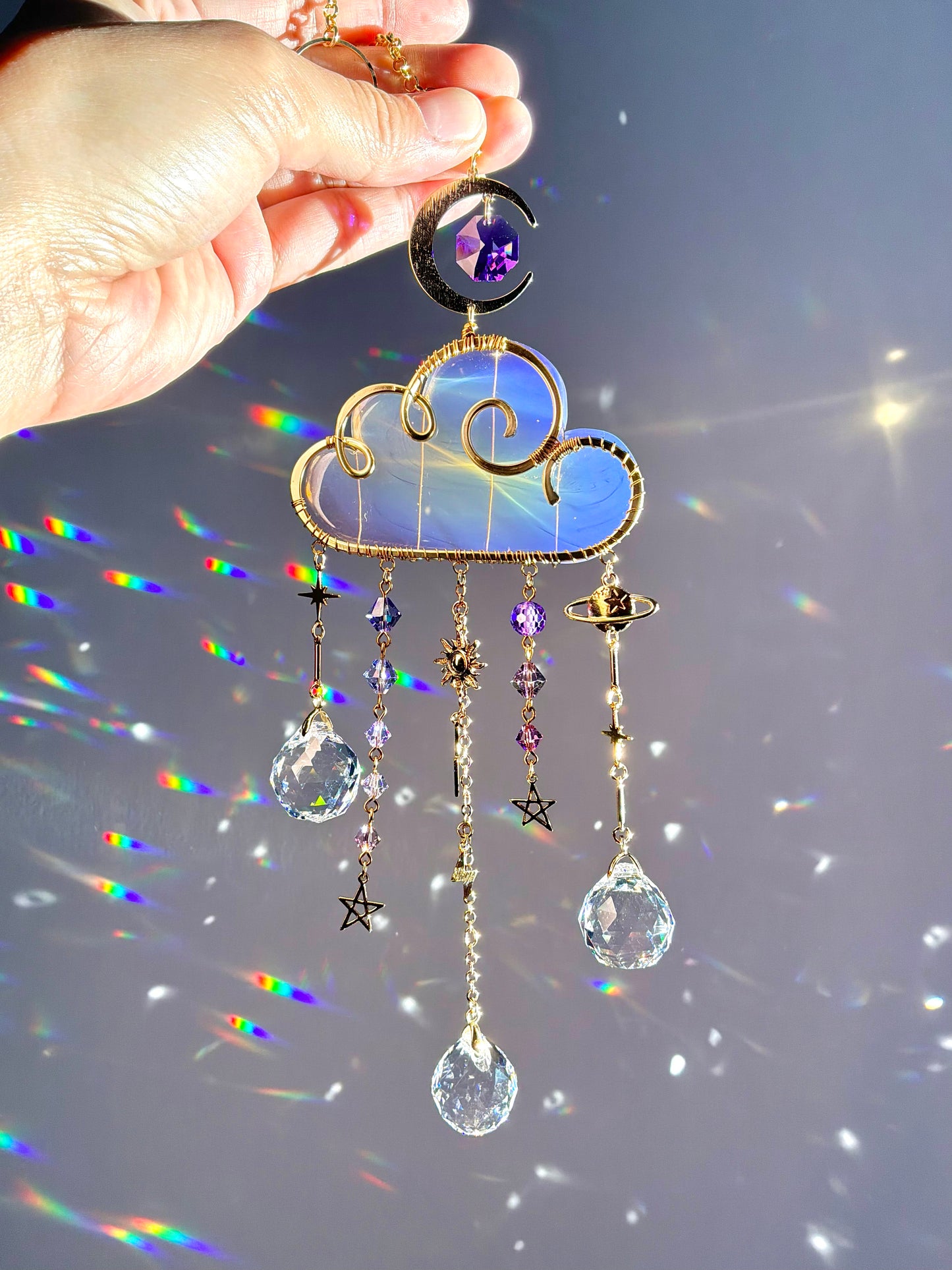 Large Gemstone Rain Cloud Suncatchers ~ 18k Gold-Plated or Stainless Steel, Clear/ Rose Quartz, Purple Opalite, Amethyst with Crystal Prisms