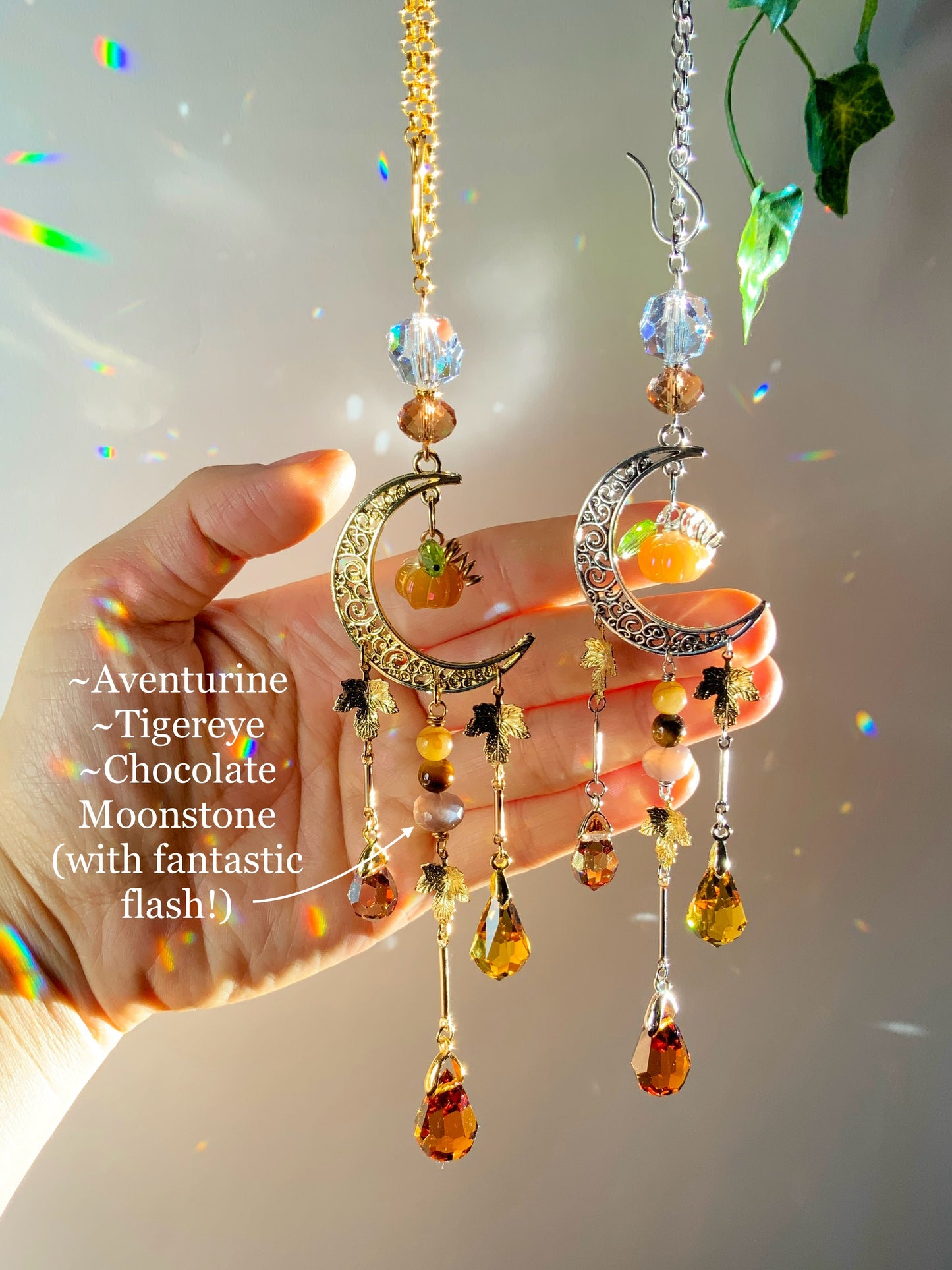 Pumpkin Harvest Moon Car Charm, Tigereye Moonstone celestial witchy Halloween Suncatcher with 18k Gold-Plated Brass