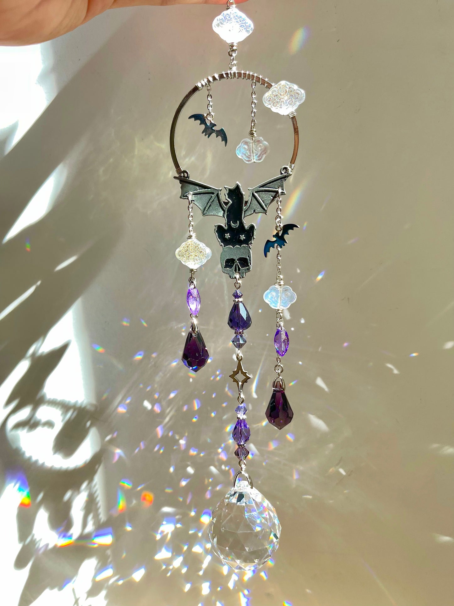 "Night Keeper" Kitty Bat Car Charm made with Perfect Purple Crystals! Celestial Moon Spooky Halloween Crystal Suncatcher