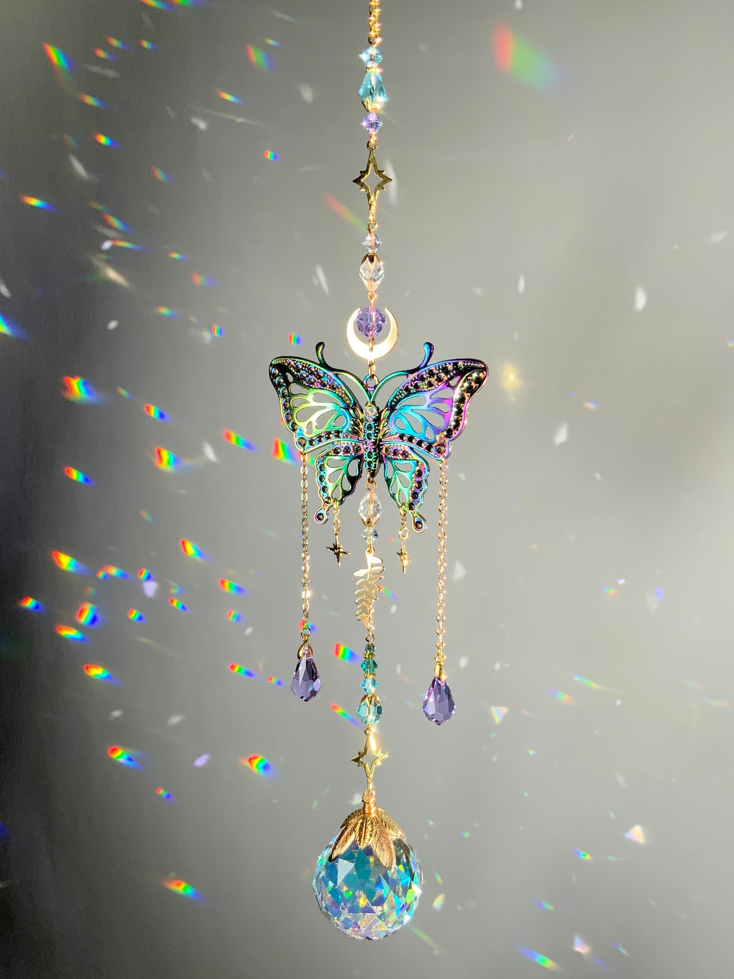 Mystic Butterfly Crystal Ball Suncatcher, Celestial Window Charm made with ombré prisms and 18k Gold-Plated brass