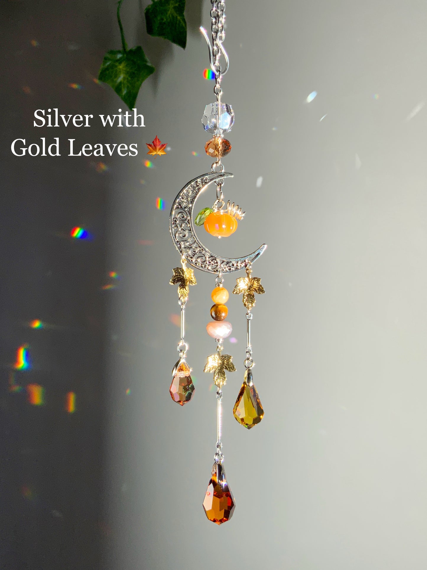 Pumpkin Harvest Moon Car Charm, Tigereye Moonstone celestial witchy Halloween Suncatcher with 18k Gold-Plated Brass