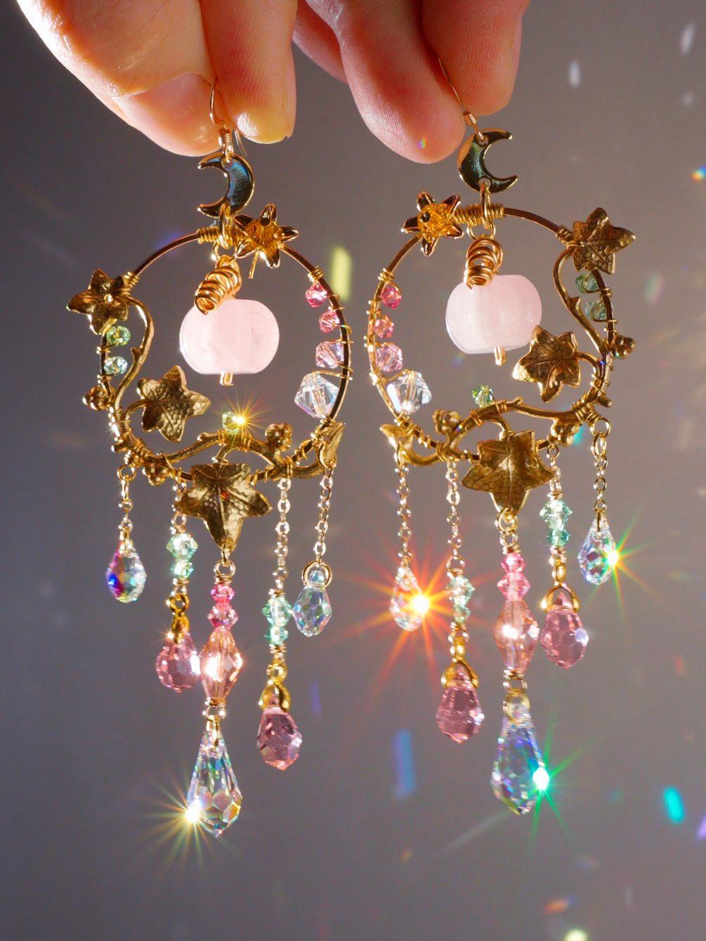 Rose Quartz "Harvest pumpkin" Earrings, Gemstone and Prism Gold-plated Brass Crystal Suncatcher witchy Halloween Jewelry