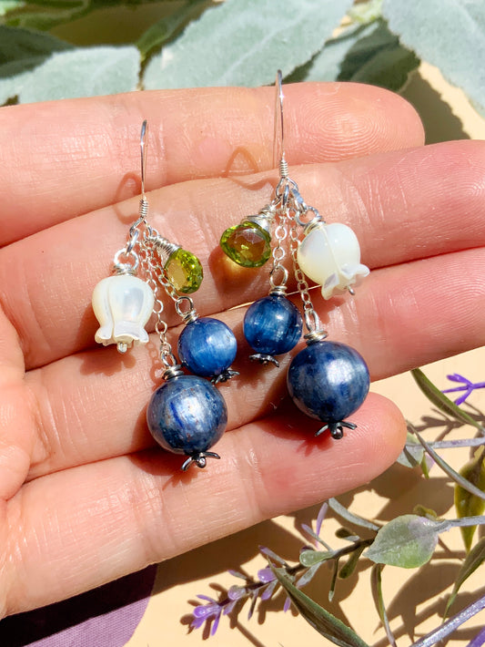 Kyanite Blueberry Blossom Earrings~ Peridot, Mother of Pearl, Sterling Silver or 14k Gold-Filled Blue Gemstone Fruit Jewelry