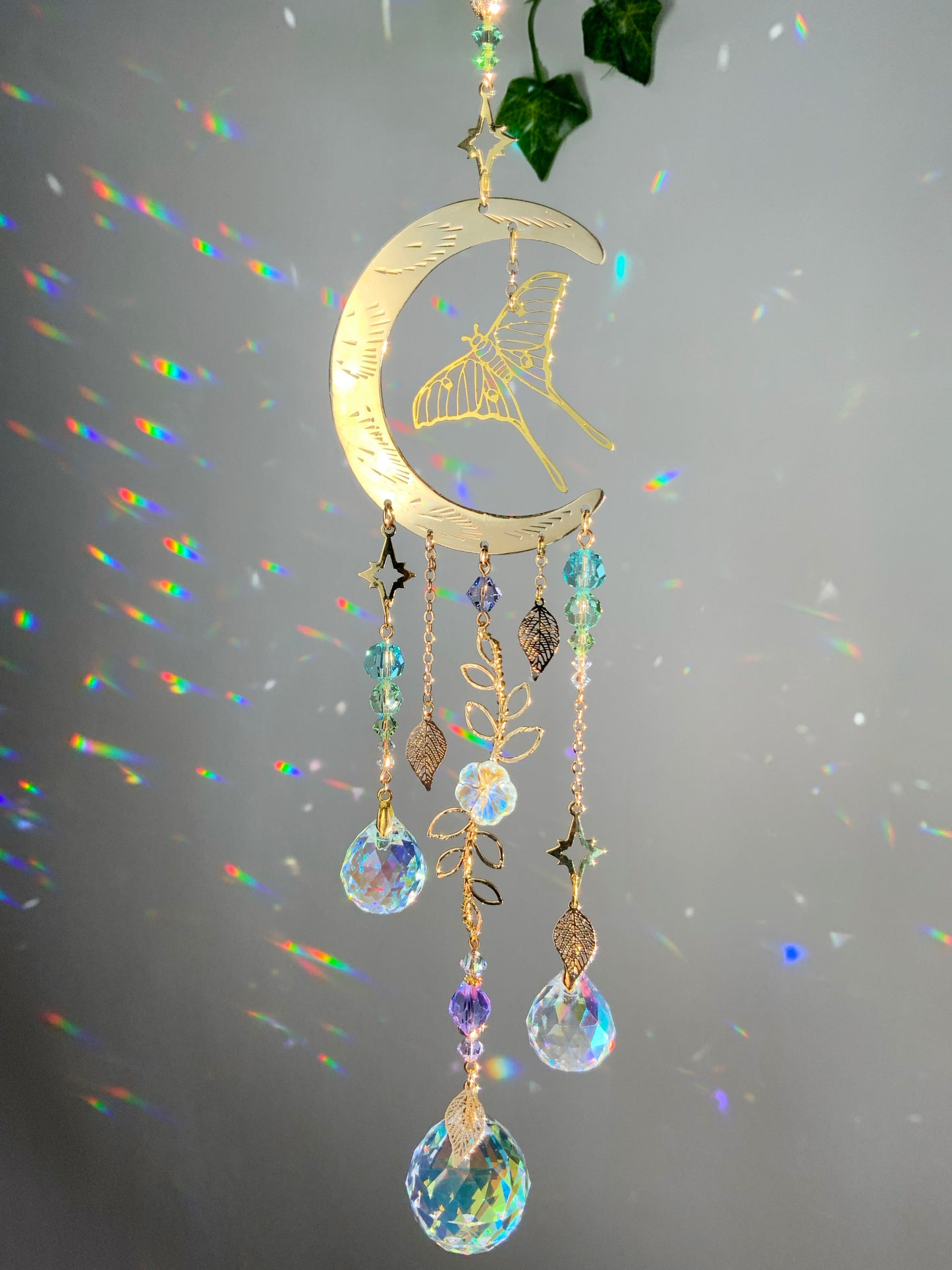 "Flight of the Luna Moth" Suncatcher, Bronze and 18k Gold-Plated Witchy Crystal Celestial Moonflower room decor