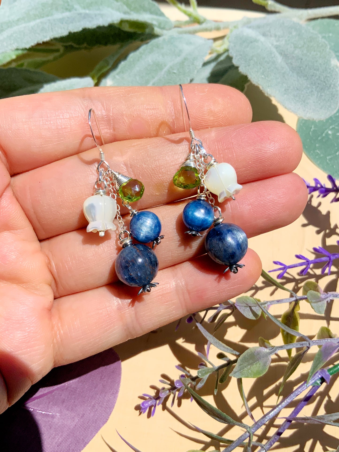 Kyanite Blueberry Blossom Earrings~ Peridot, Mother of Pearl, Sterling Silver or 14k Gold-Filled Blue Gemstone Fruit Jewelry