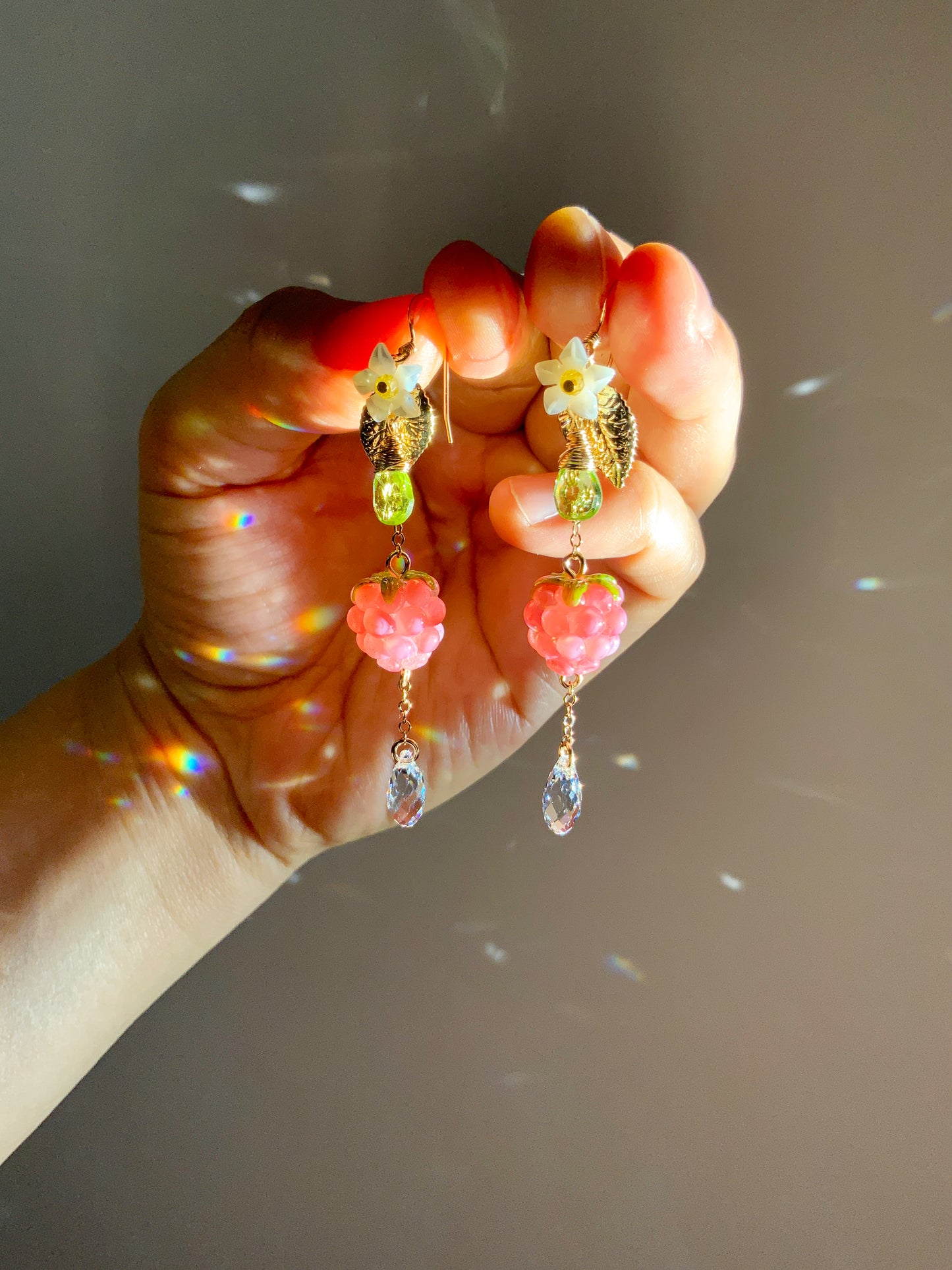 Super Realistic Pink Raspberry Blossom Earrings~ Peridot, Mother of Pearl, Artisan-made Glass, 18k Gold-Plated Crystal Fruit jewelry