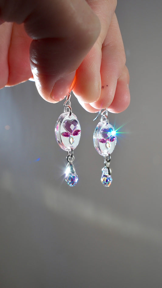Prism Jewel Earrings~ XSmall Oval Bleeding Heart Flower, made with rare/discontinued crystals— Choose Your Metal
