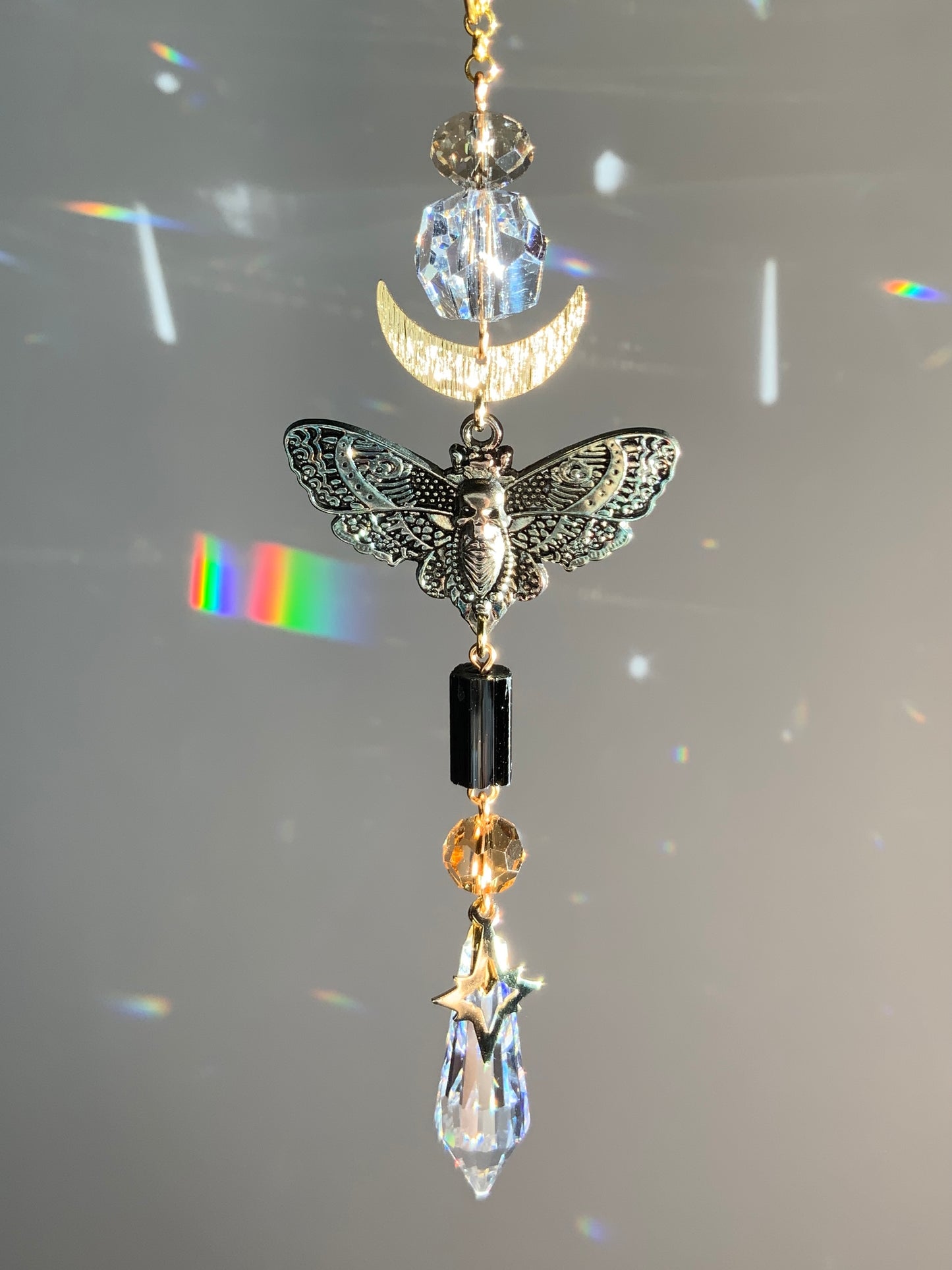 Black Tourmaline Death’s Head Moth Rear View Mirror Car Charm, 18k Gold-Plated Moon Prism suncatcher auto decoration accessories