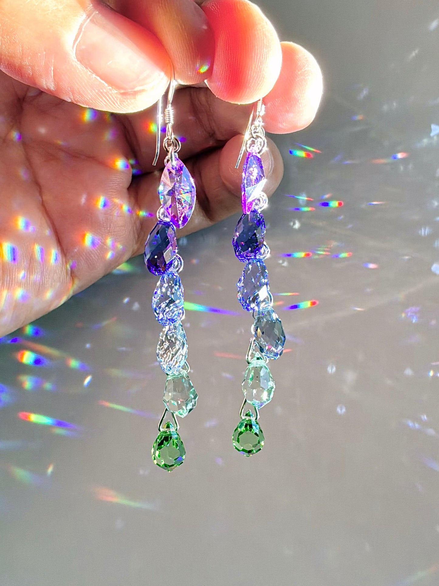 "Lavender & Sage" ~ *Luxe* Ombré Crystal Waterfall earrings, Sterling Silver or 14k Gold-Filled, indigo violet purple green jewelry