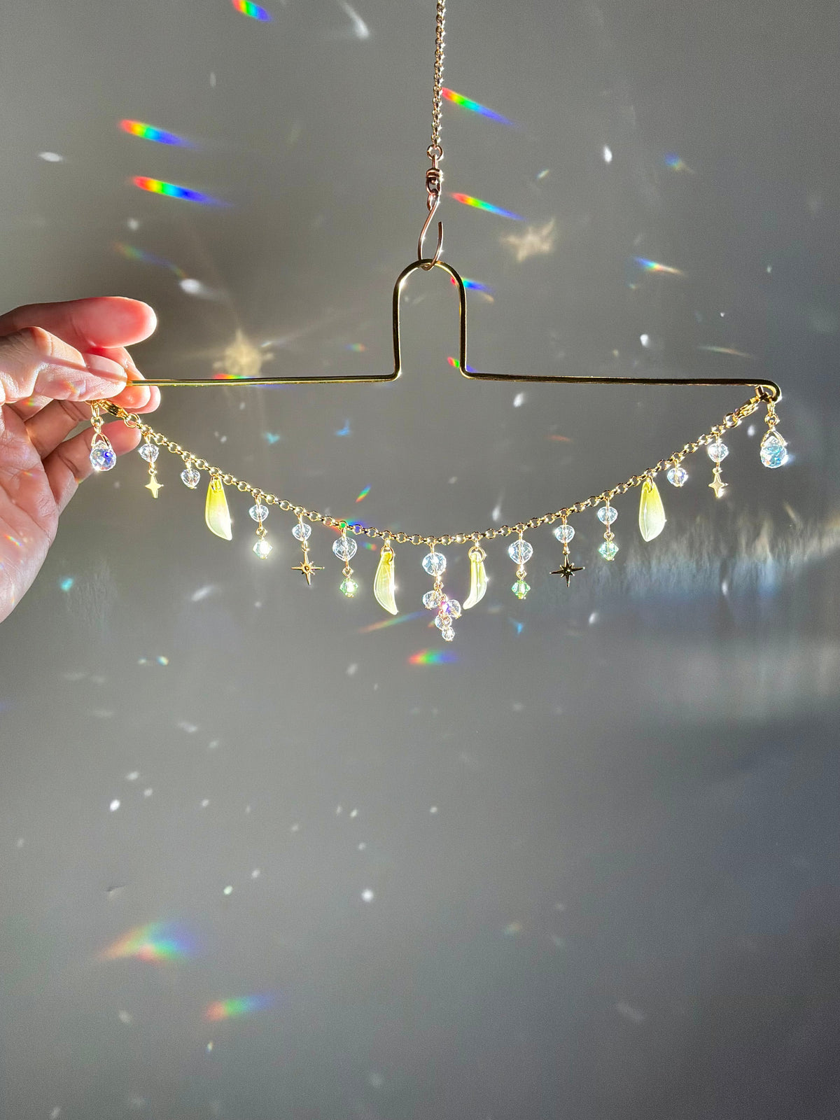 Lily of the Valley Moon Car Mirror Chain, 18k Gold-Plated May Birthflower Crystal Prism Suncatcher, car hanger