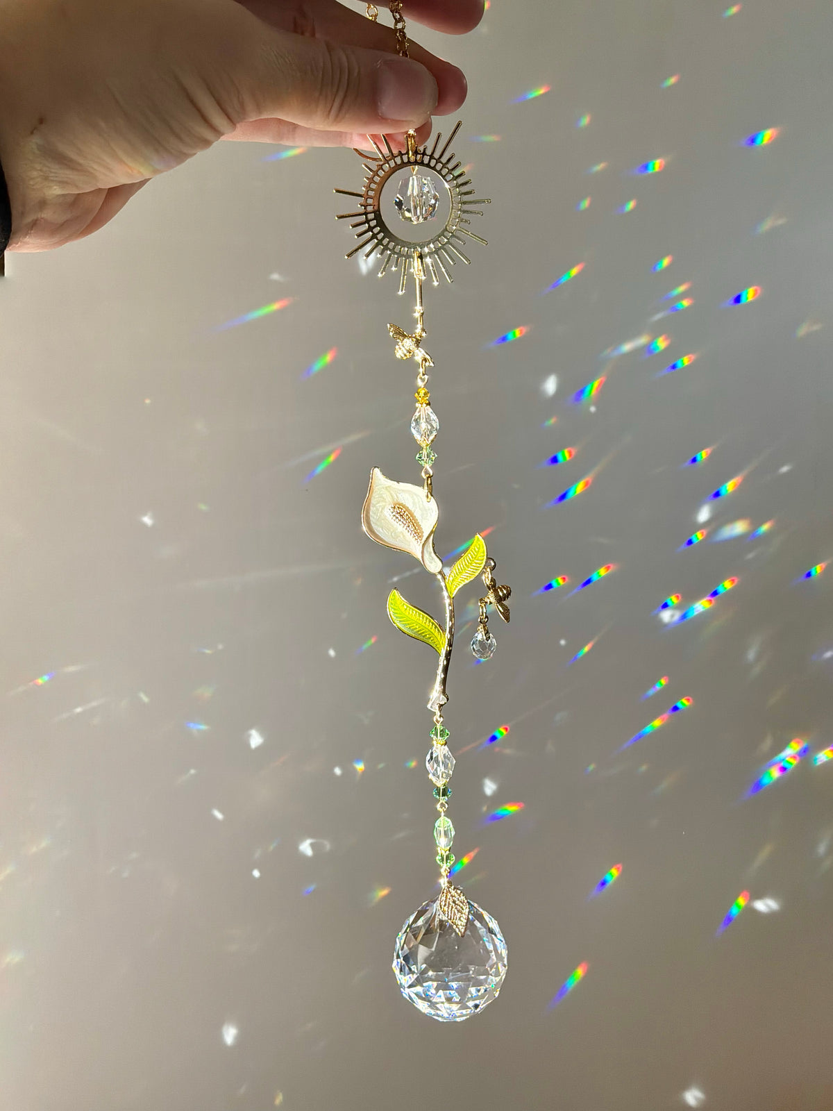 Calla Lily Crystal Ball Suncatcher, Enamel and 18k Gold-Plated Floral Botanical Prism Window Decor