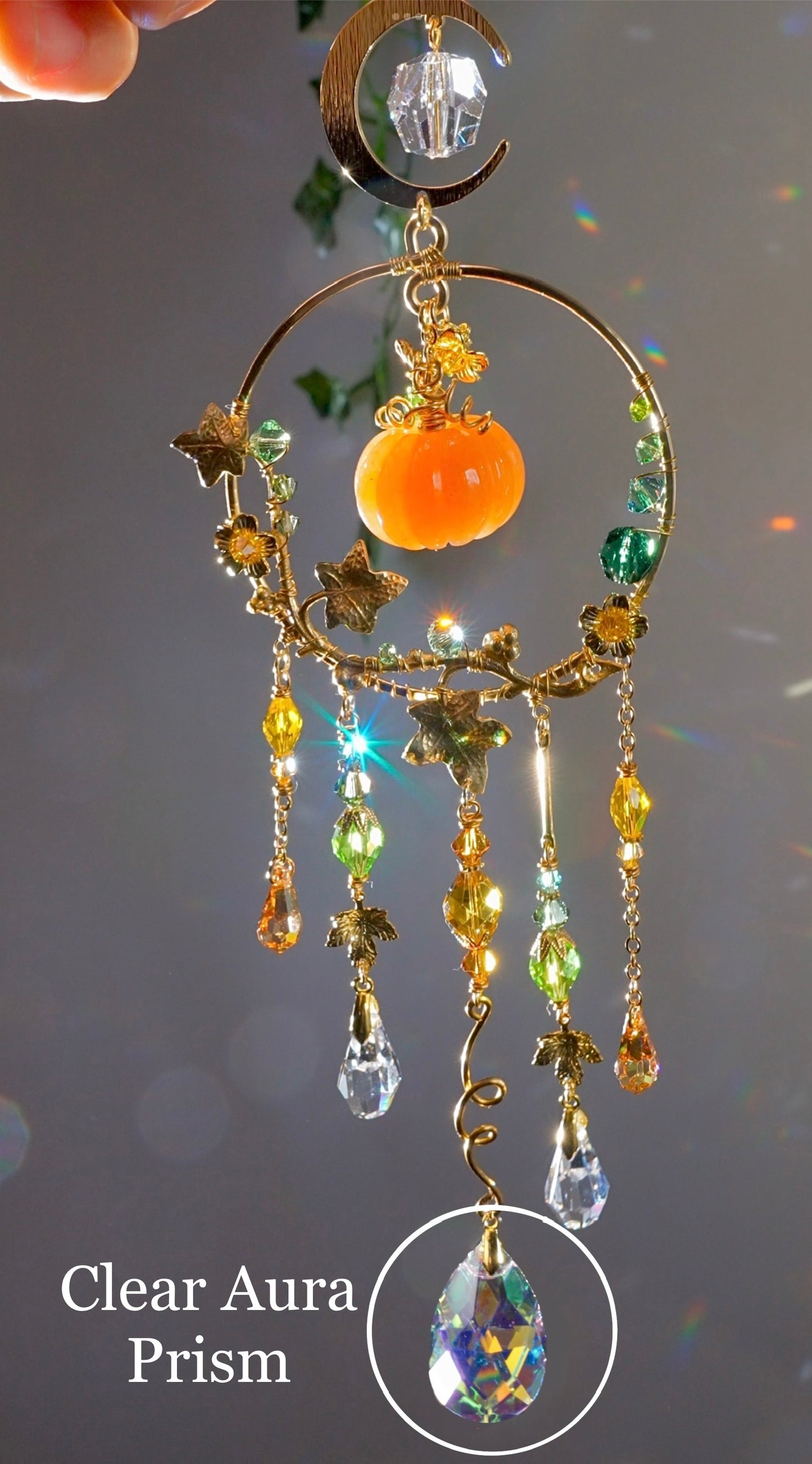 Orange Aventurine "Harvest pumpkin" Mini Suncatcher, Gemstone and Gold-plated Brass Crystal celestial witchy Halloween Decor