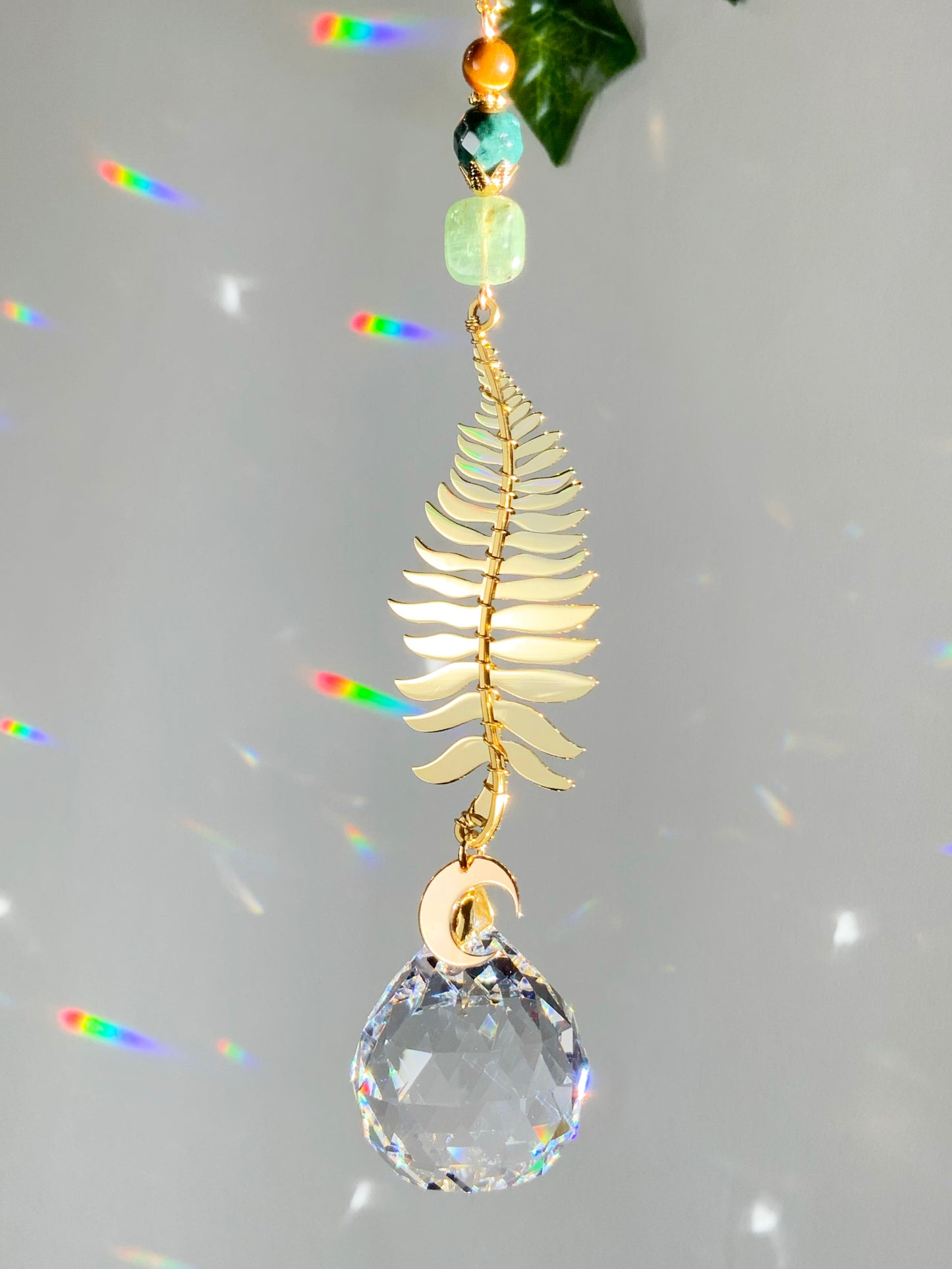 Green Kyanite Fern Car Charm, 18k Gold-Plated Witchy Celestial Moon Crystal Prism suncatcher, rearview mirror hanger