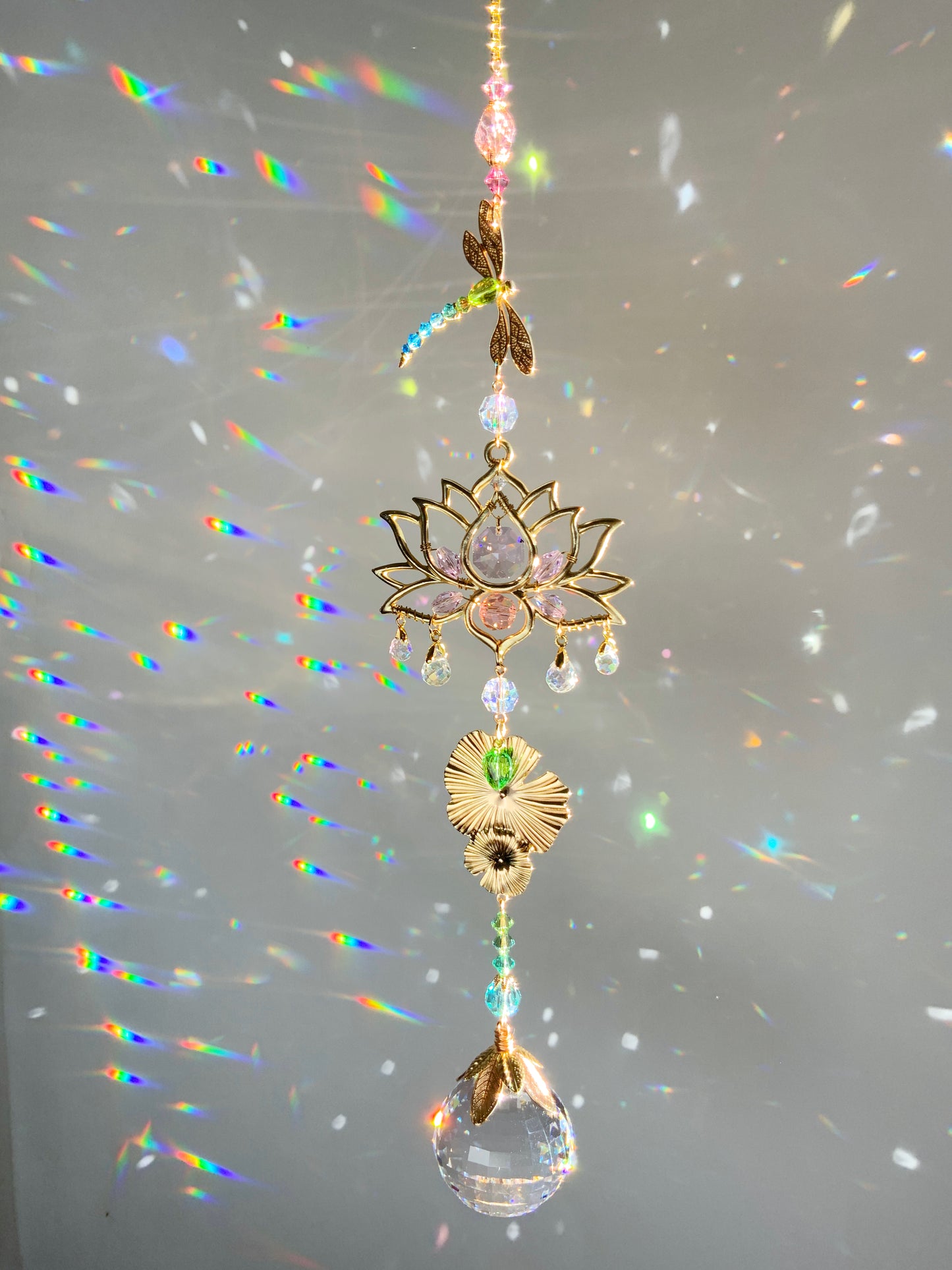 "Pond Life" ~ Dragonfly Lotus Lily Pad Crystal Ball Suncatcher, 18k Gold-Plated Window Charm, Waterlily July Birthflower