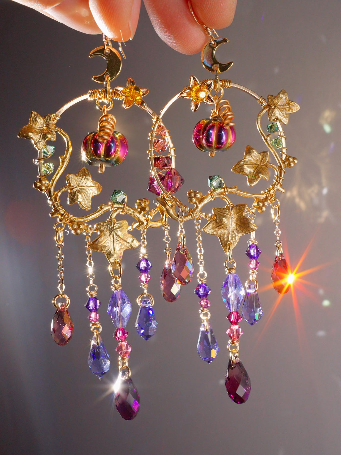 Dark Mystic Rainbow "Harvest pumpkin" Earrings, Gemstone and Prism Gold-plated Brass Crystal Suncatcher witchy Halloween Jewelry