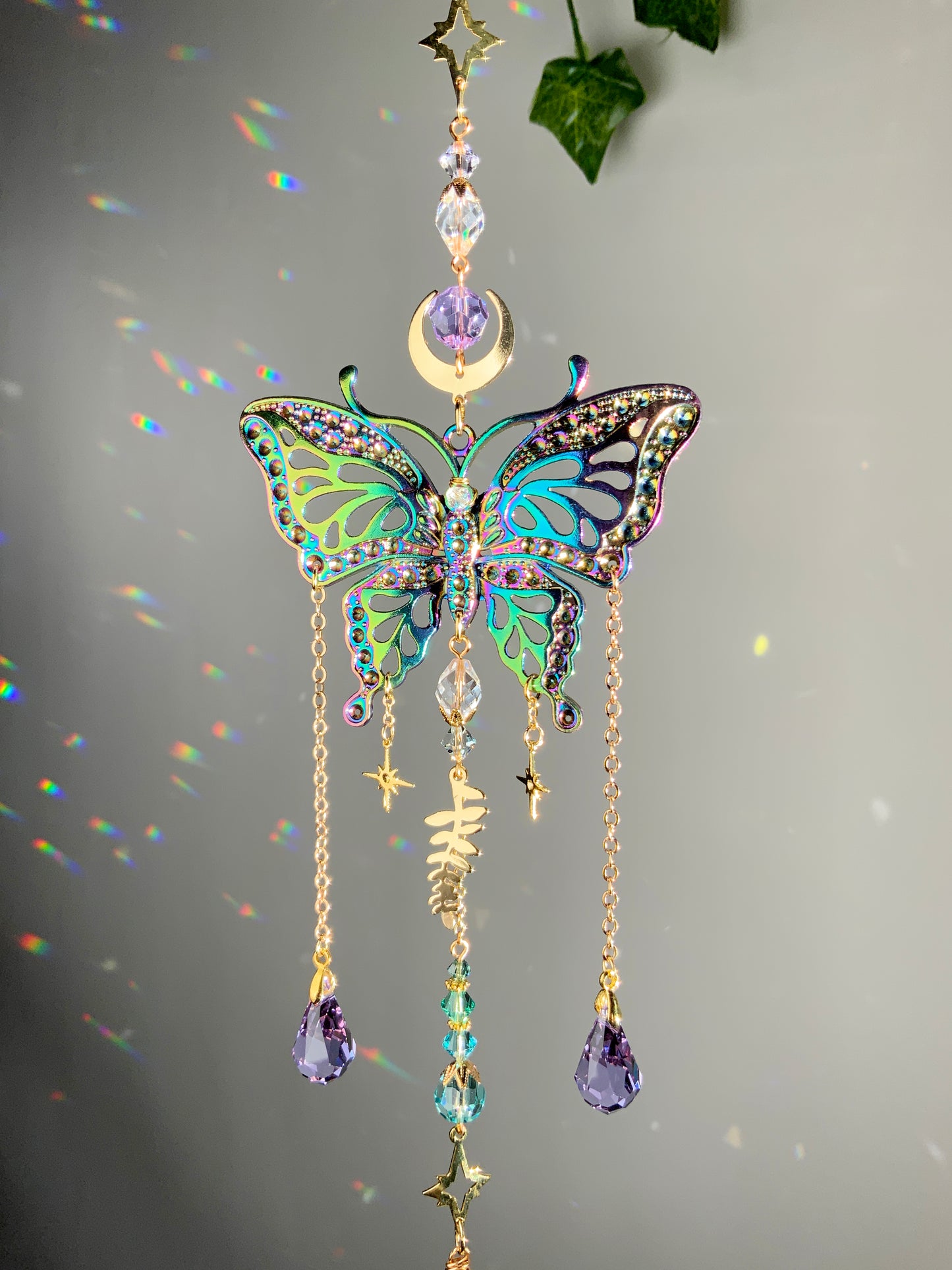 Mystic Butterfly Crystal Ball Suncatcher, Celestial Window Charm made with ombré prisms and 18k Gold-Plated brass