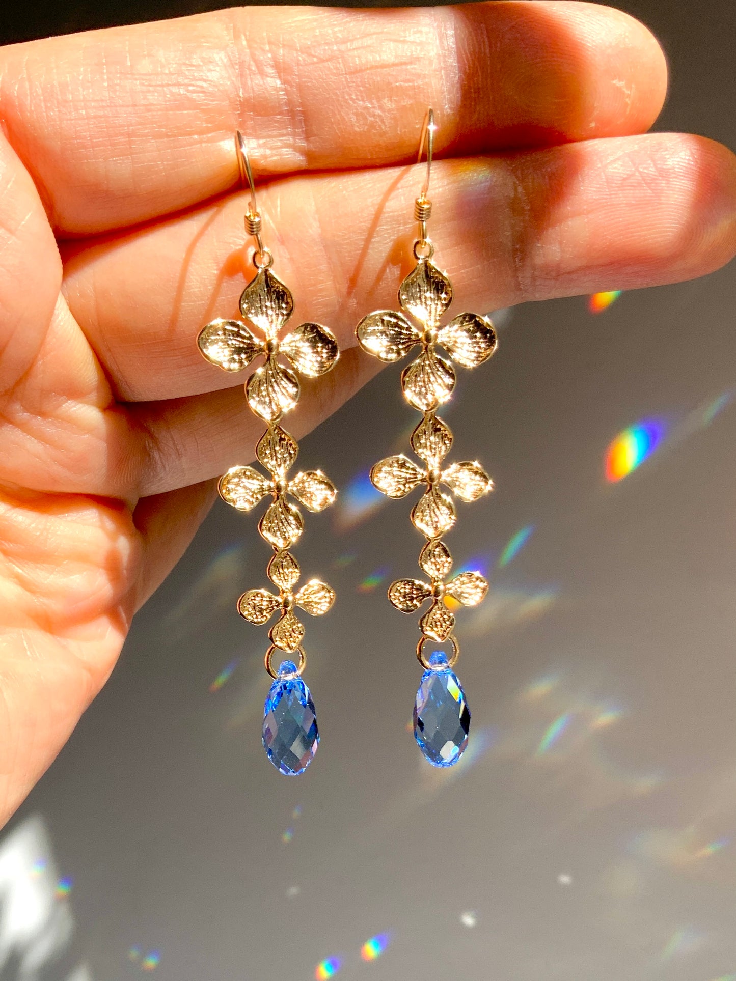 Crystal Prism Hydrangea Earrings~ Choose Your Color, 18k Gold-Plated Flower Suncatcher Jewelry