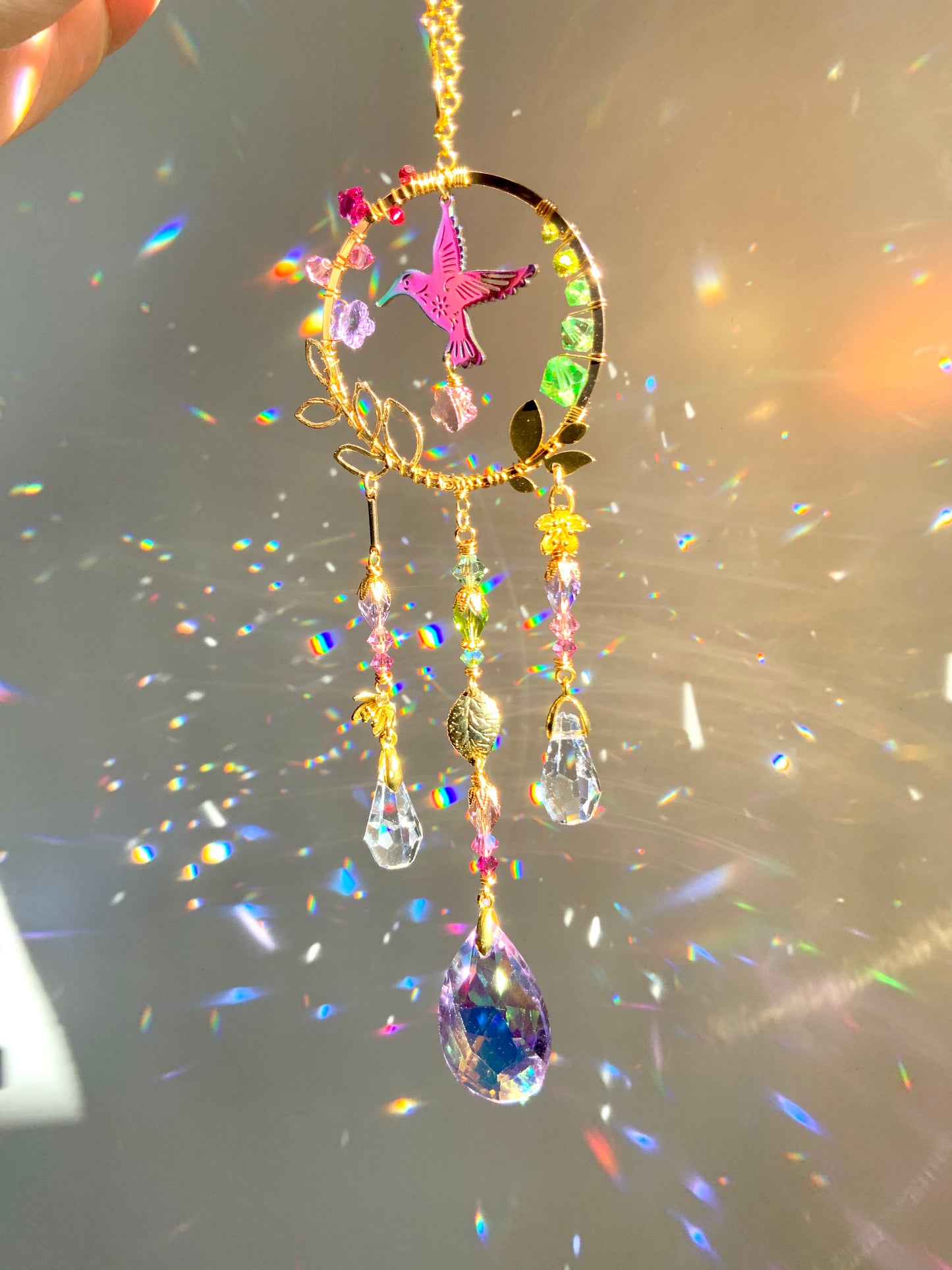 Hummingbird Car Charm ~ 18k Gold-plated, Stainless Steel, and ombré Crystal prisms for car mirror accessories