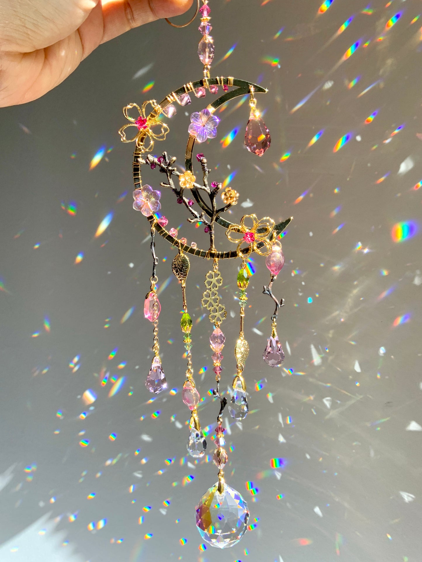 Moonlight Cherry Blossoms Mini Suncatcher ~ 18k Gold-Plated Sakura flower celestial prism room decor rainbow maker