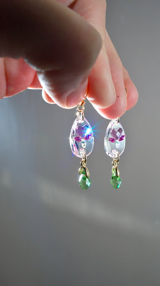 Prism Jewel Earrings~ XSmall Teardrop Bleeding Heart Flower, made with rare/discontinued crystals— Choose Your Metal