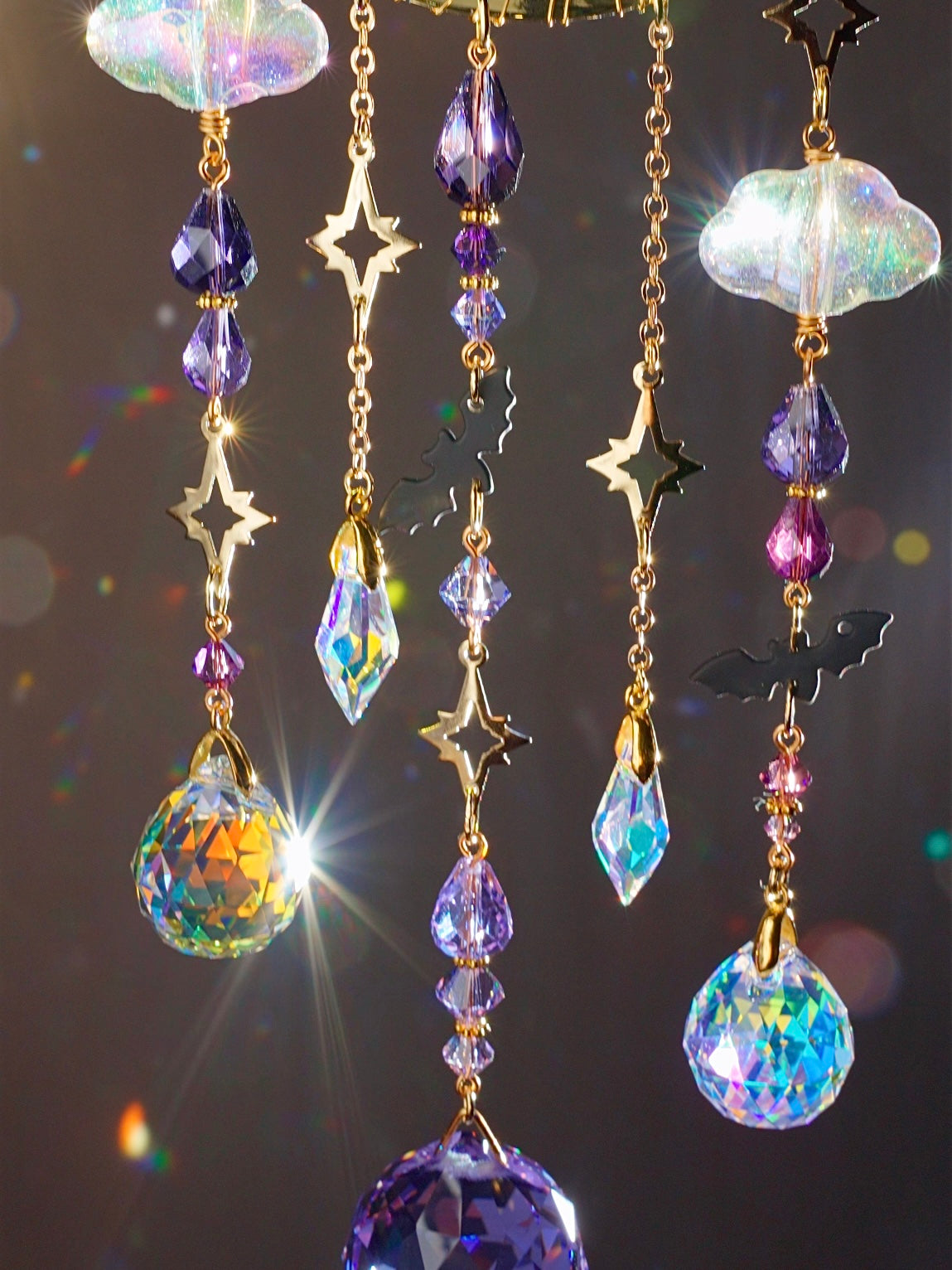 "Flight of All Hallows Eve" Bat Suncatcher, 18k Gold-Plated Celestial Moon Halloween Decor with Crystal Prisms