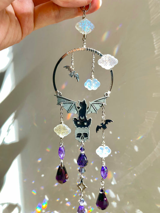 "Night Keeper" Kitty Bat Car Charm made with Perfect Purple Crystals! Celestial Moon Spooky Halloween Crystal Suncatcher