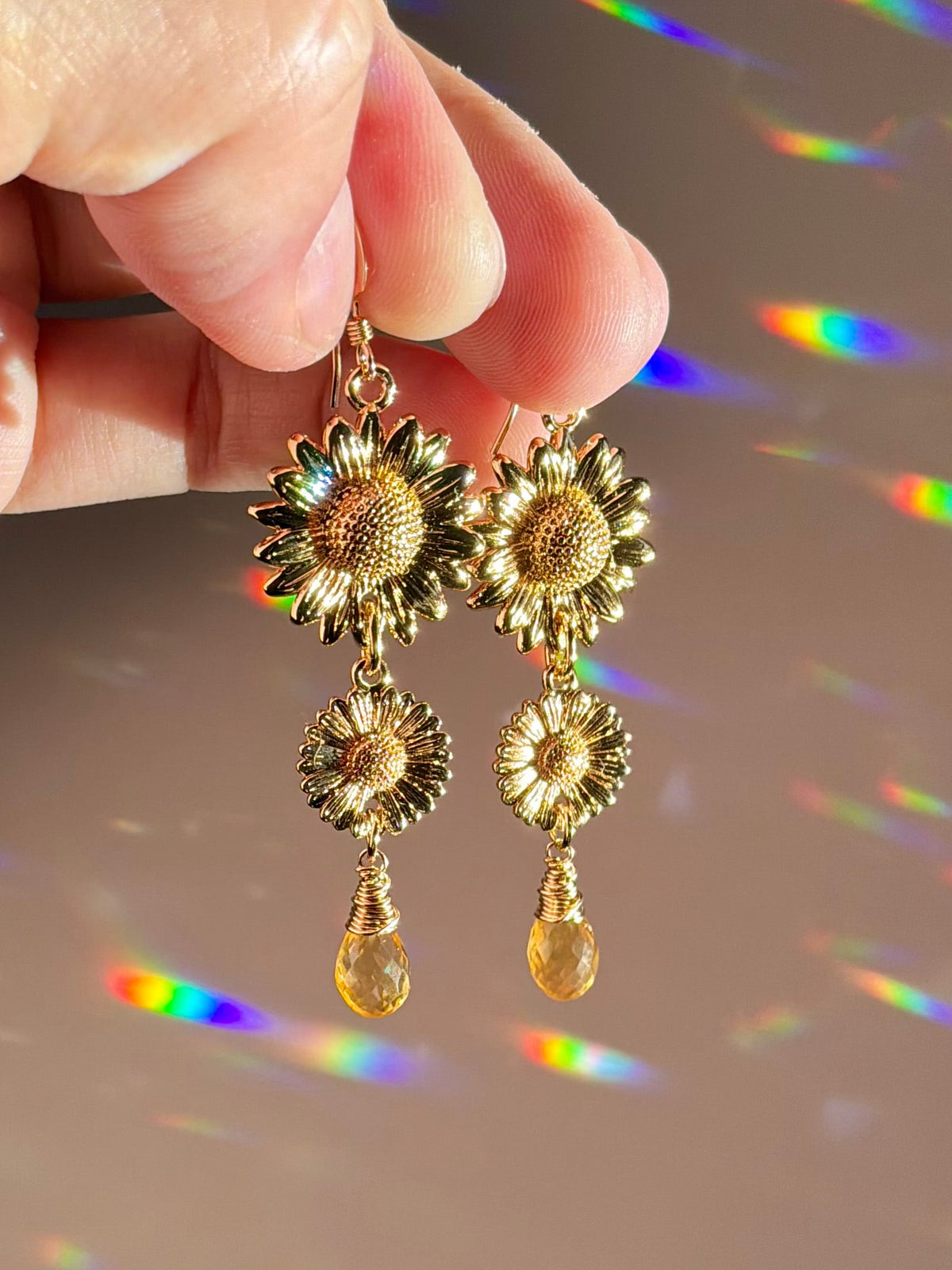 Sunflowers & Citrine 18k Gold-plated Gemstone Earrings or Crystal prisms