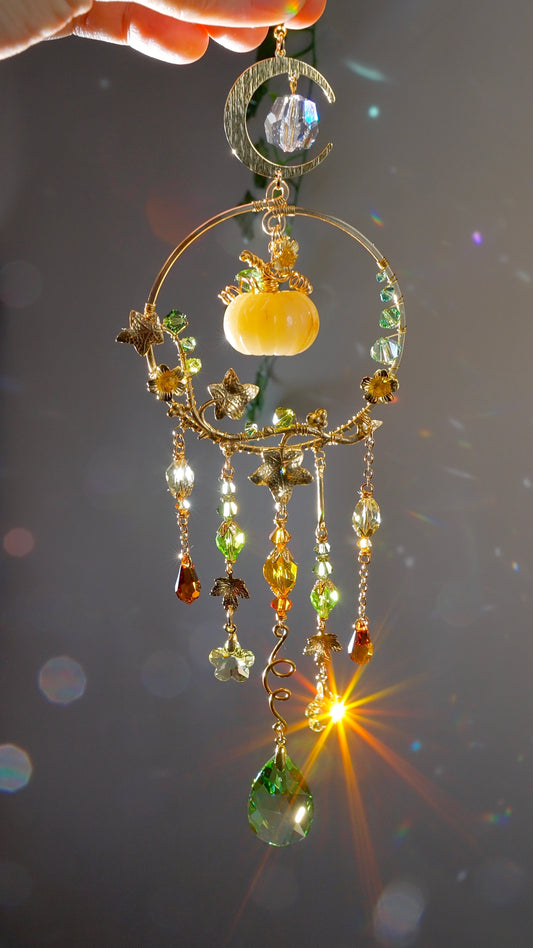 Yellow Quartz "Harvest pumpkin" Mini Suncatcher, Gemstone and Gold-plated Brass Crystal celestial witchy Halloween Decor